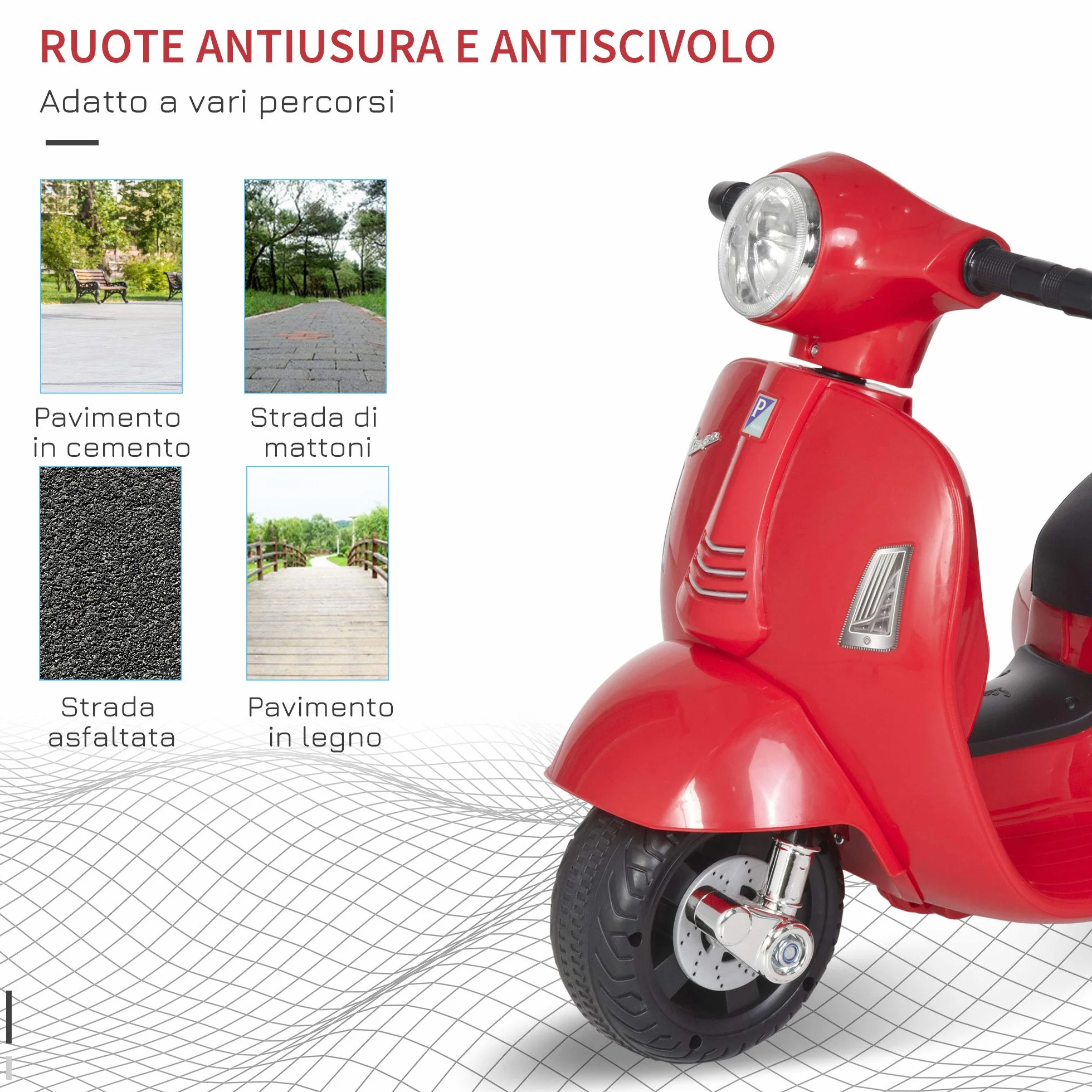 HOMCOM Moto Elettrica per Bambini 6V con Licenza Ufficiale Vespa Batteria, Motorino Elettrico per Bambini da 18-36 Mesi con Fari e Clacson, 66.5x38x52cm, Rosso