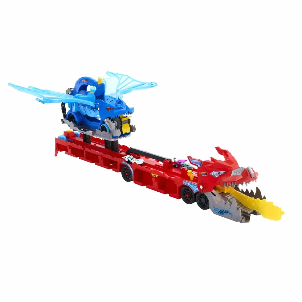 Hot Wheels City Drago Trasportatore Trasformabile e 2 macchinine Die-Cast, Drago di Grandi Dimensioni e Drago Rimovibile, può Contenere più di 20 Veicoli, JBM72