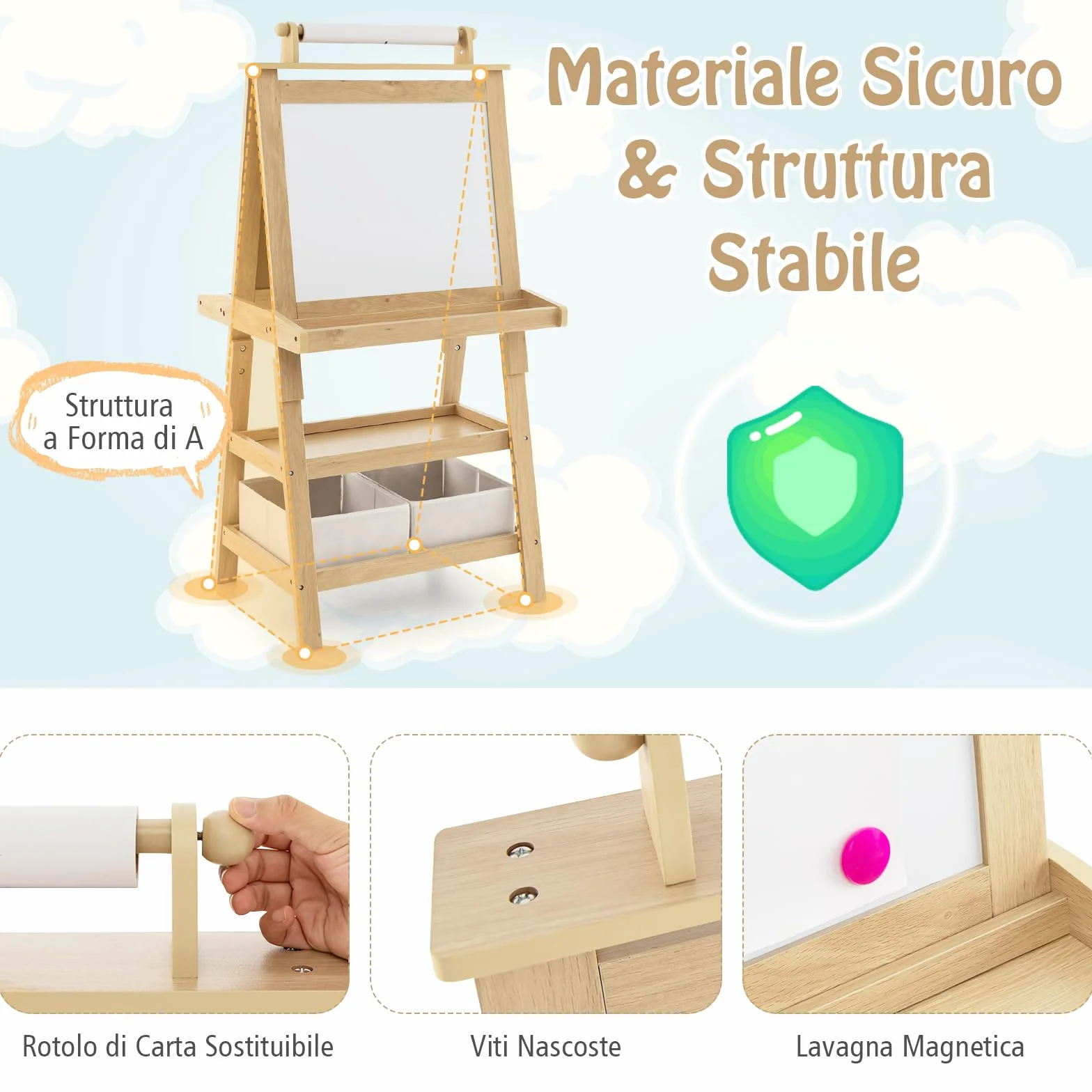 GYMAX Cavalletto per Bambini 3 in 1, Lavagna Magnetica Doppia Faccia, 59 x 50 x 117 cm