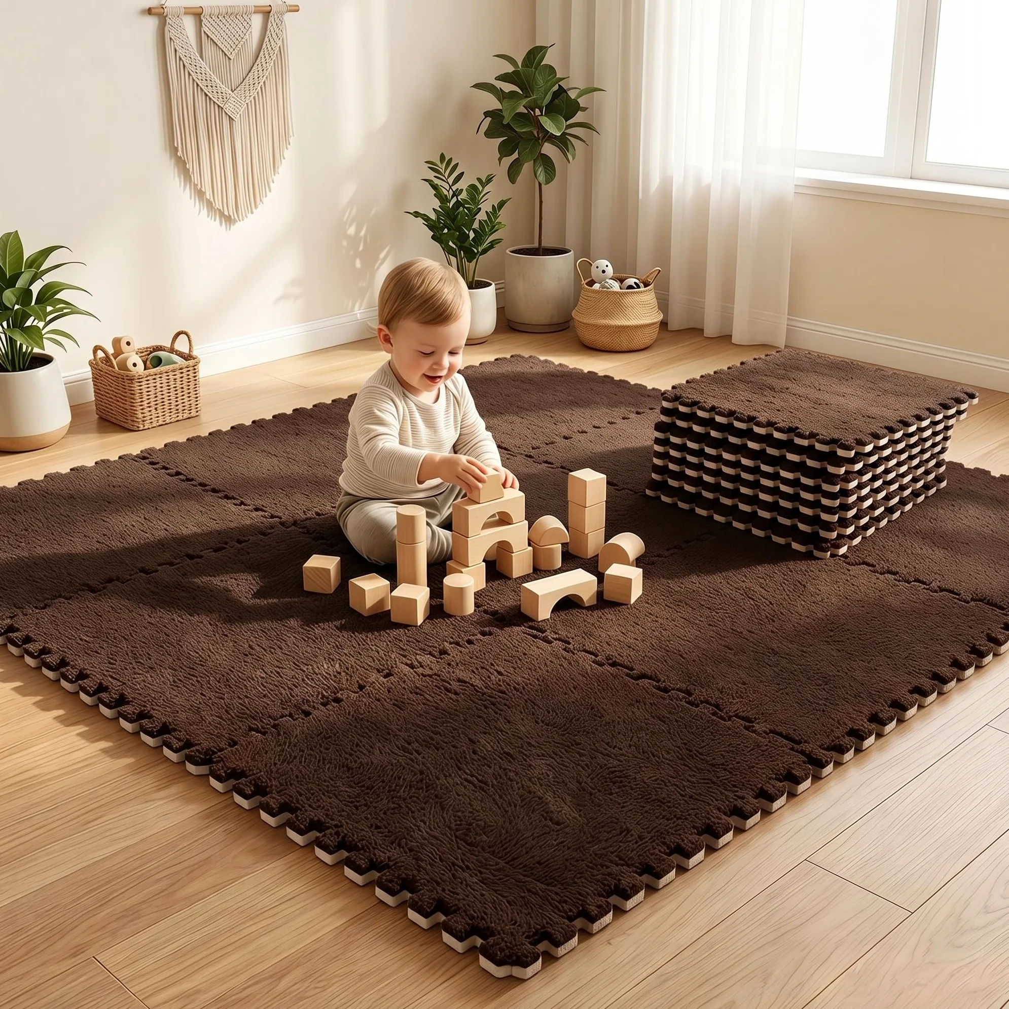 12 tappeti puzzle a incastro, in schiuma, 30 x 30 cm, per bambini, per soggiorno, camera da letto, marrone scuro