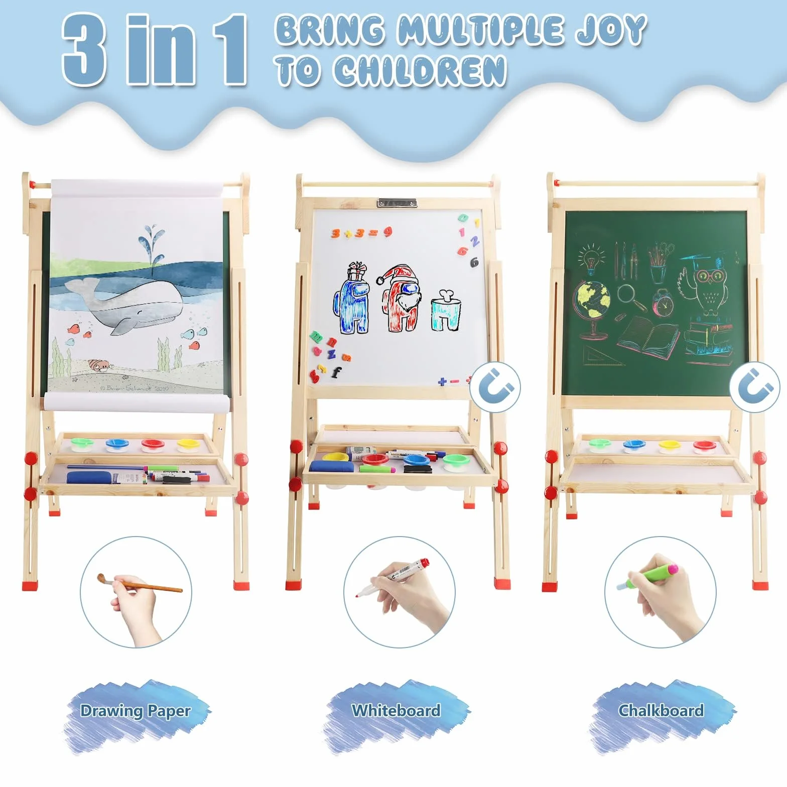 Dripex Bambini con Cavalletto pieghevole in Legno Regolabile in Altezza, Lavagna a Doppia Faccia con 26 Accessori per la pitturaper(49x49x88-105cm)