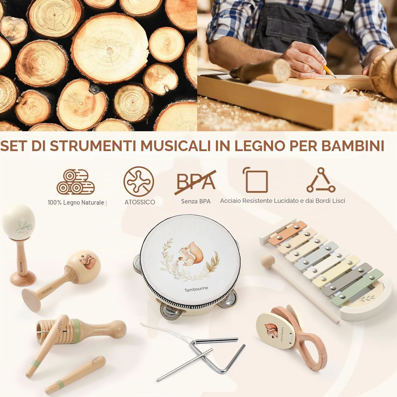 OESSUF Strumenti musicali per bambino a partire da 1 anno, xilofono e tamburello in legno, giocattoli Montessori a partire da 1 2 3 anni