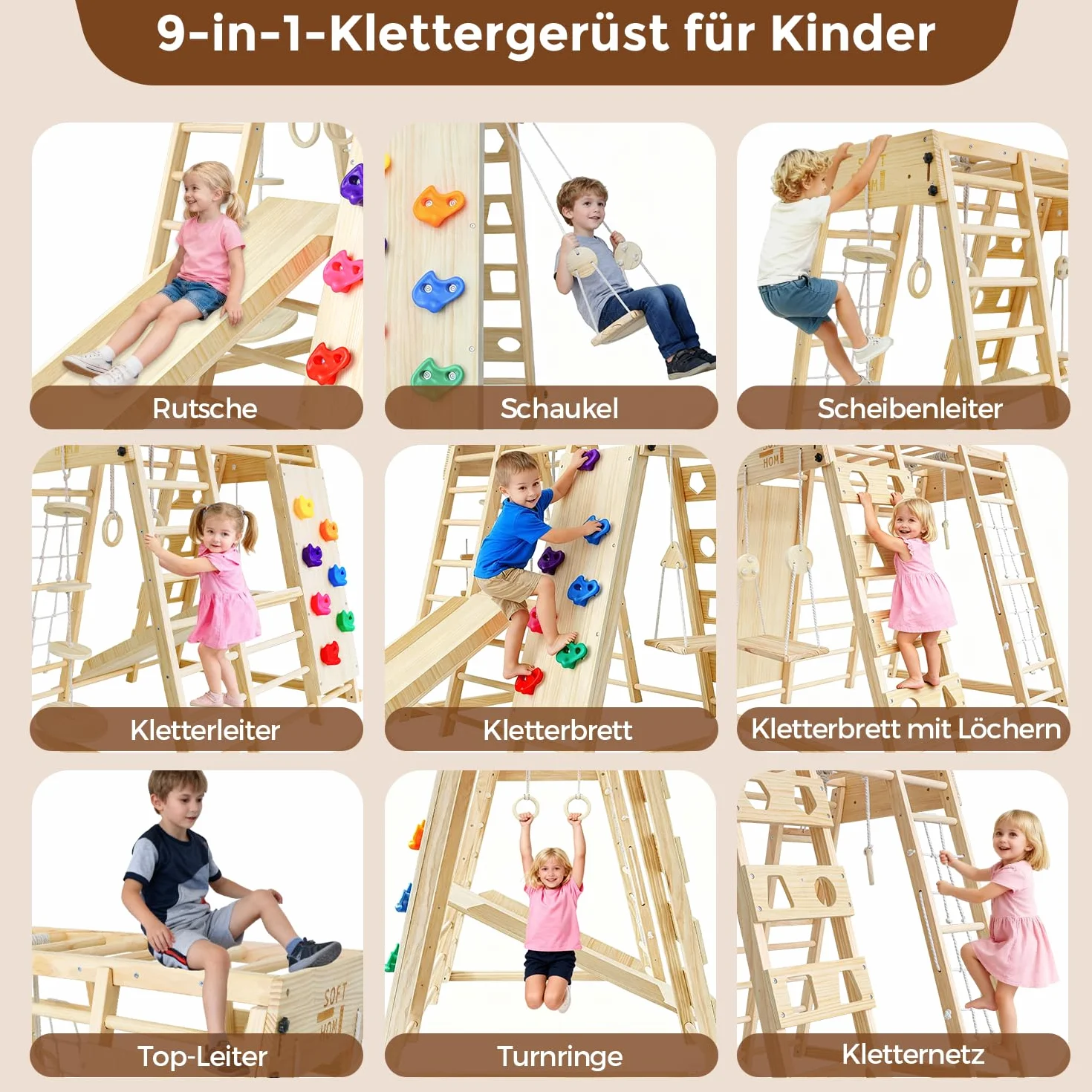 Maxi Telaio da Arrampicata per Interni, 10 in 1 Multifunzionale Telaio da Arrampicata per Bambini, Montessori Parco Giochi, Skateboard, Oscillazione, Parete da Arrampicata, Rete da Arrampicata