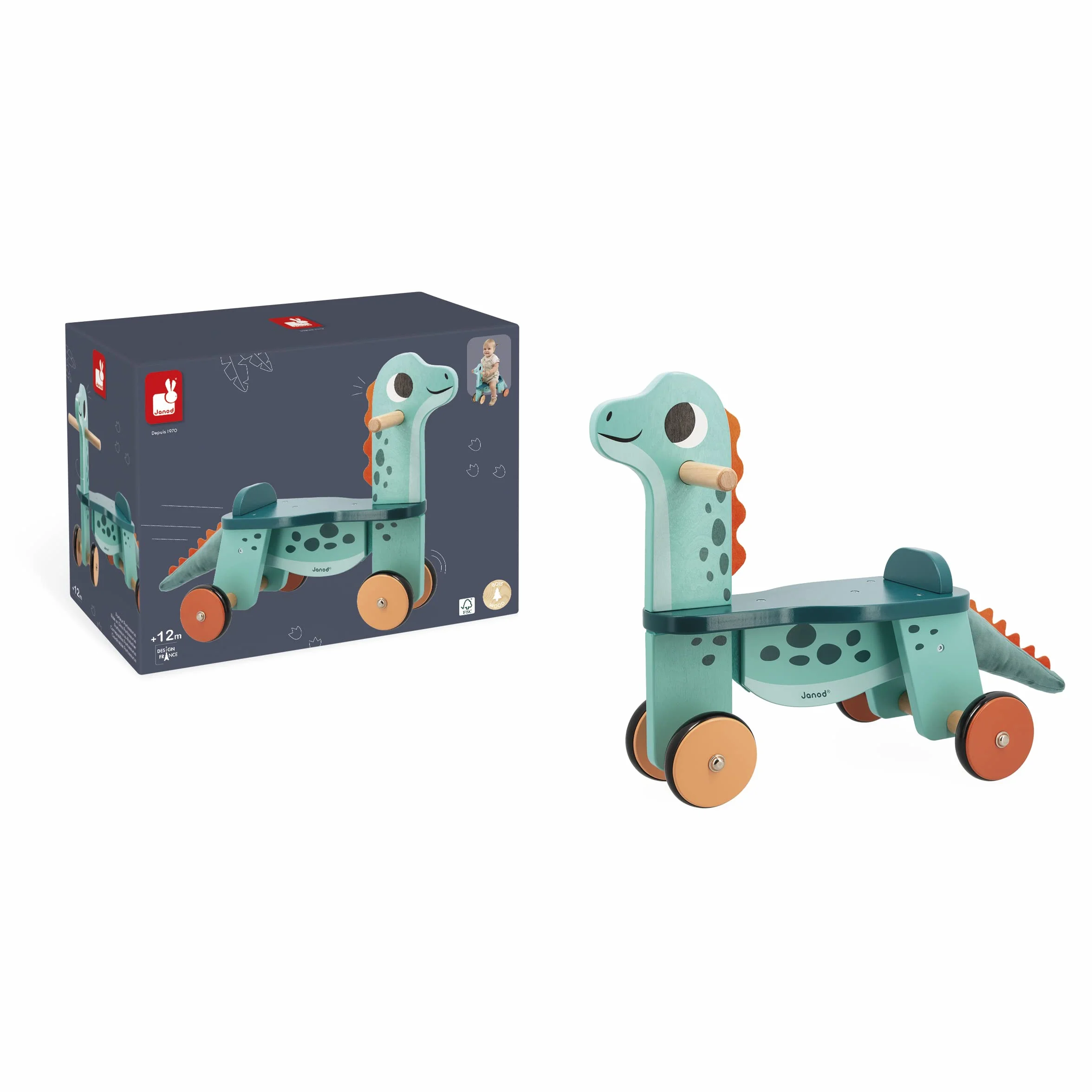 Janod Cavalcabile Dinosauro Portosauro Altezza Sedile 21 cm Coda Peluche Removibile Giocattolo Multisensoriale Legno FSC dai 12 Mesi