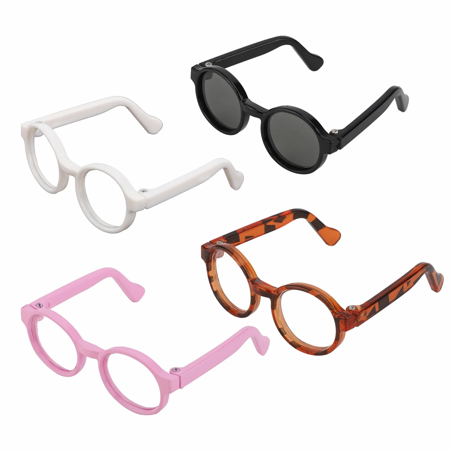 BOXOB 4 Pz Occhiali da Bambola, 4 Colori Plastica Occhiali da Vista per Bambole Accessori Costumi e Giocattolo Compatibili con Figure 13 cm (Bianco, Nero, Tartaruga, Viola)