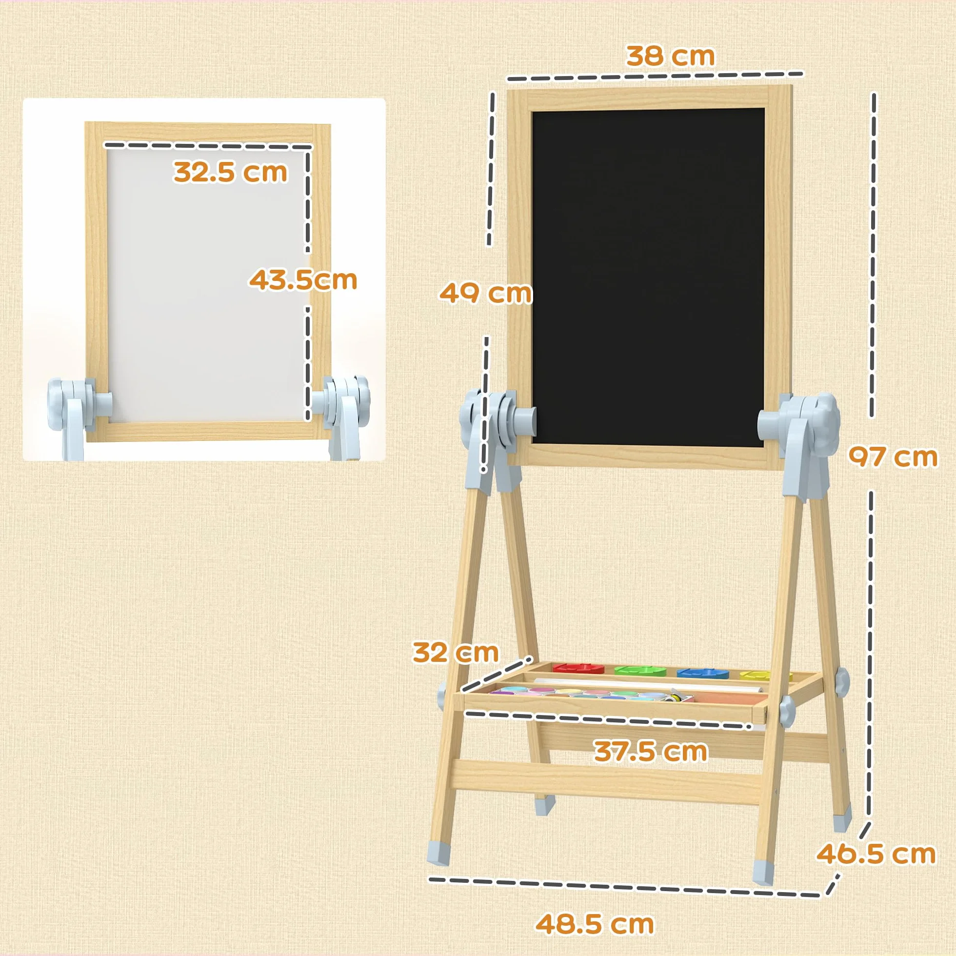 AIYAPLAY Cavalletto da Disegno per Bambini con Lavagna Doppia Magnetica, Vassoio Portamatite, Rotolo Carta Incluso, Legno Naturale