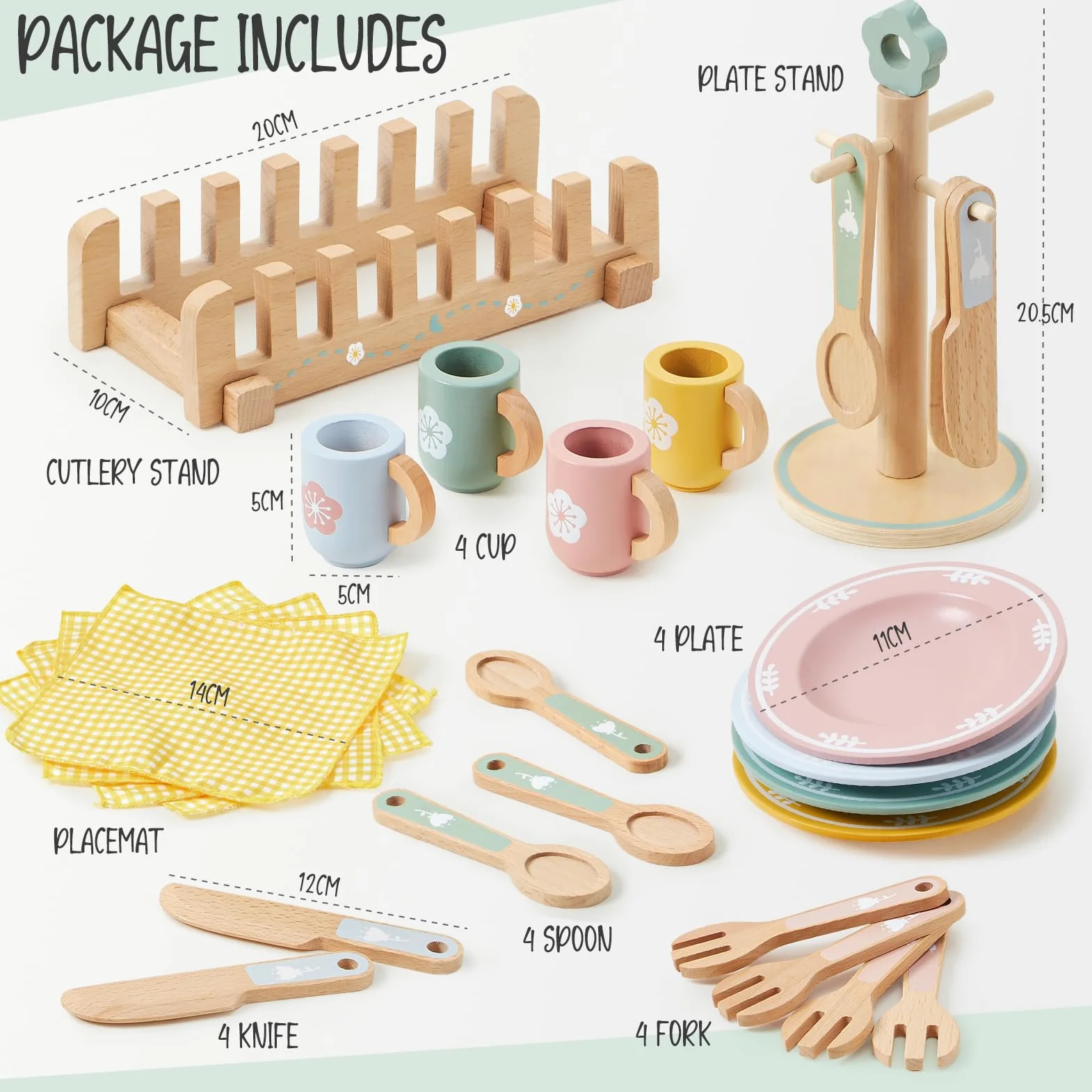 Atoylink Accessori da Cucina per Bambini in Legno: Set Completo con Piatti, Tazze, Posate e Portapiatti - Giochi di Ruolo per Ragazze e Ragazzi 3-8 Anni