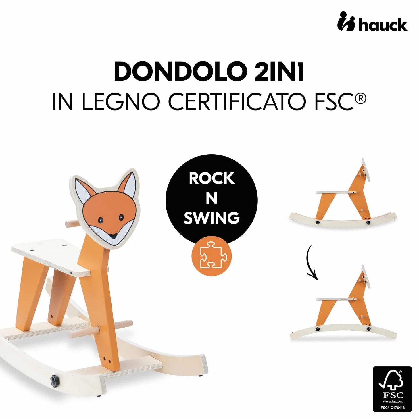 hauck Rock N Swing Cavallo a Dondolo per Bambini - Cavalcabile Bambino in Legno (Certificato FSC®), Dai 18 Mesi - Base Basculante Reversibile - Volpe