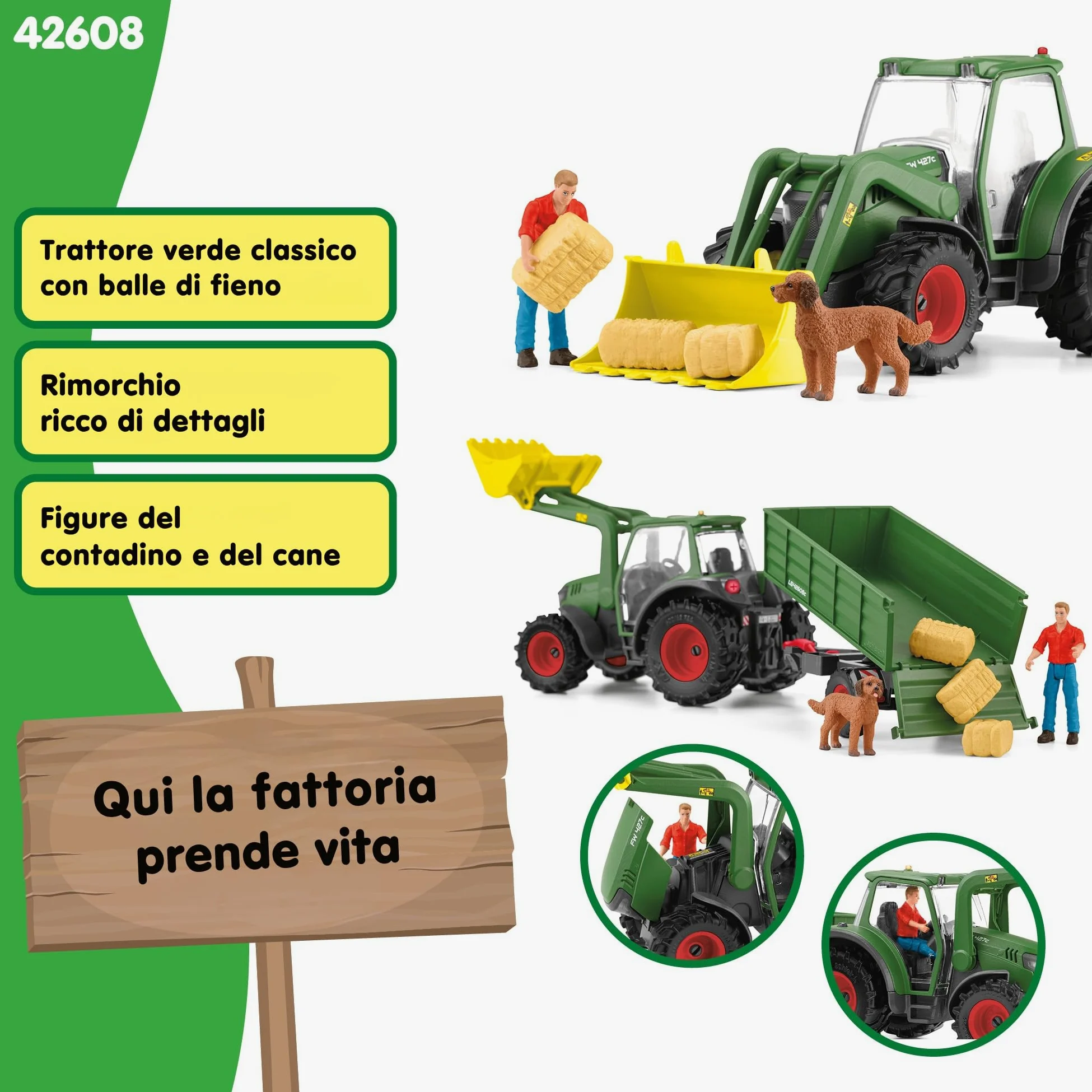 Schleich FARM WORLD | Trattore con rimorchio 42608 | 8 pezzi | Set da gioco dai 3 anni | set con personaggi, numerose funzioni e tanti accessori | figura animali della fattoria schleich
