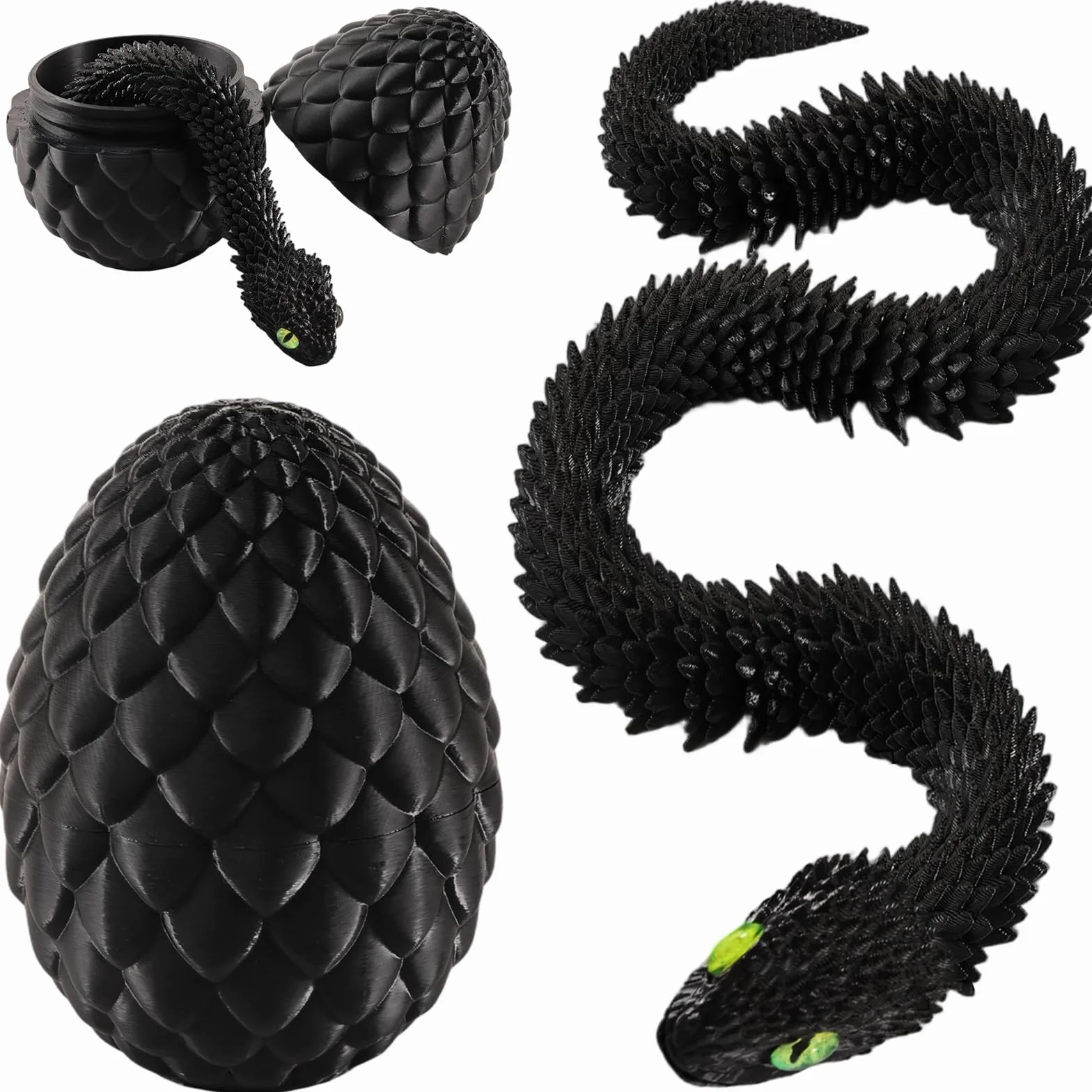Joycabin Serpente Giocattolo 3D Stampato, Uovo di Drago 3D Stampato Pasqua, Uova di Serpente, Animali 3D Stampati Giocattolo per Bambini Regali, Decorazione da Scrivania e Casa (45cm/Nero)