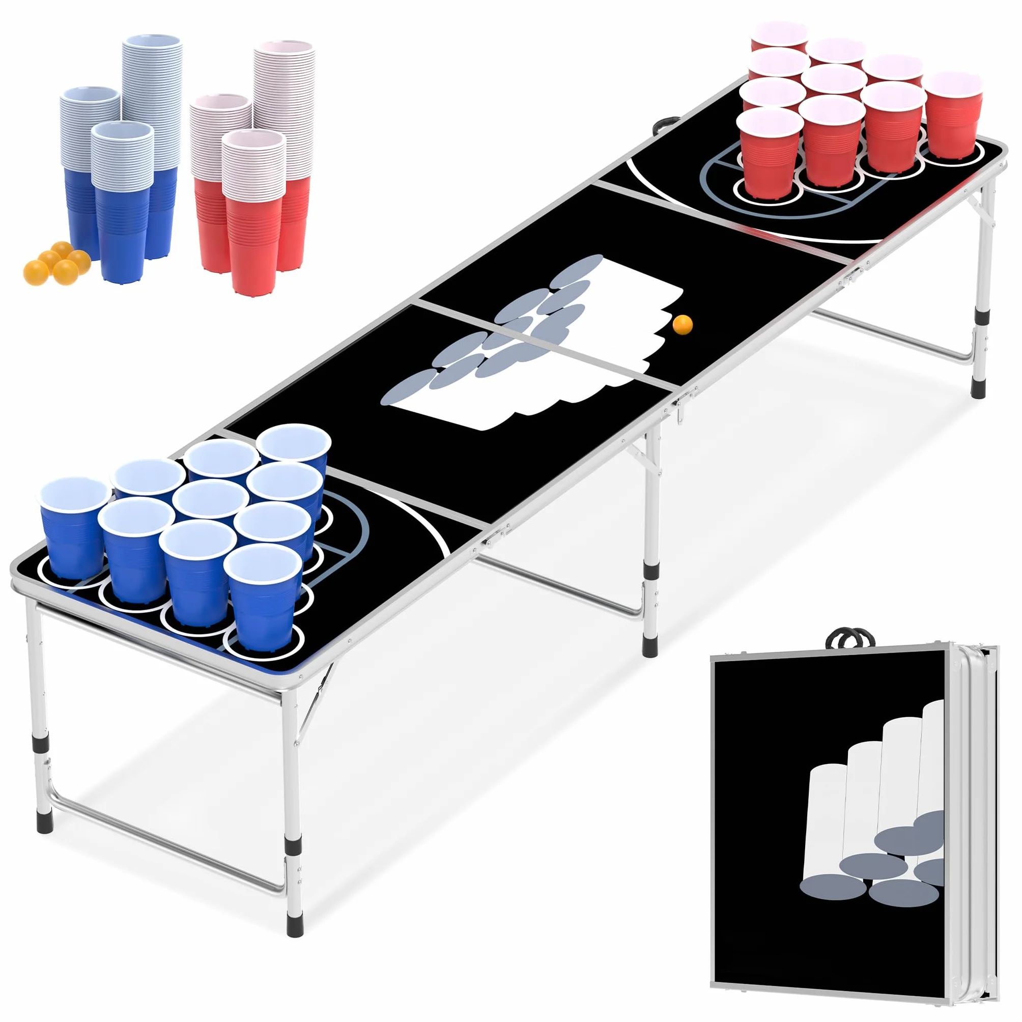 HENGMEI Beer Pong - Set da tavolo pieghevole con 100 bicchieri (50 rossi e 50 blu), 5 palline, giochi di lancio per l'estate e festival, giochi di festa, colore nero