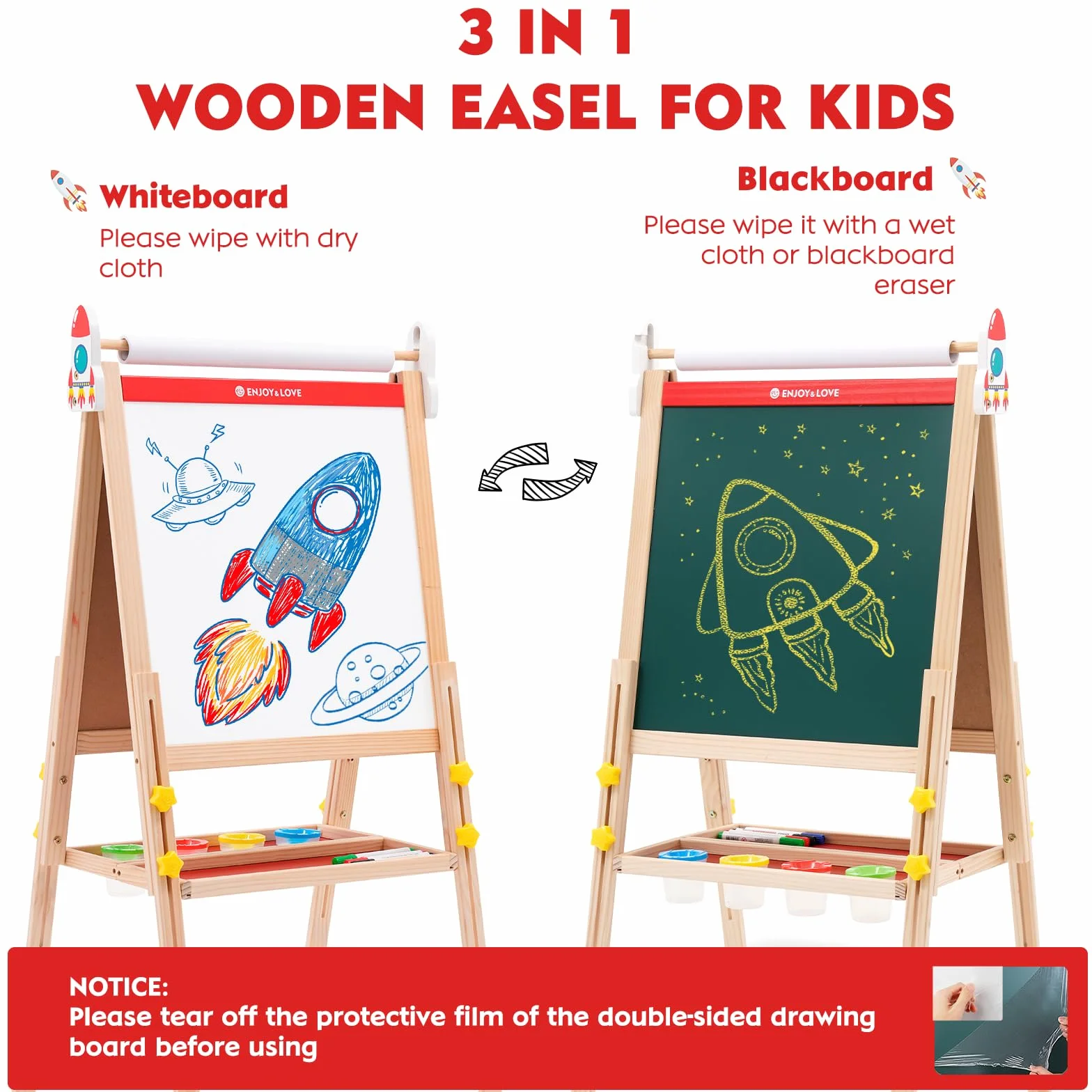 Cavalletto in Legno 2 in 1 per Bambini Lavagna Pieghevole Regolabile Altezza con Carta in Rotolo Colorabile 3-12 Anni