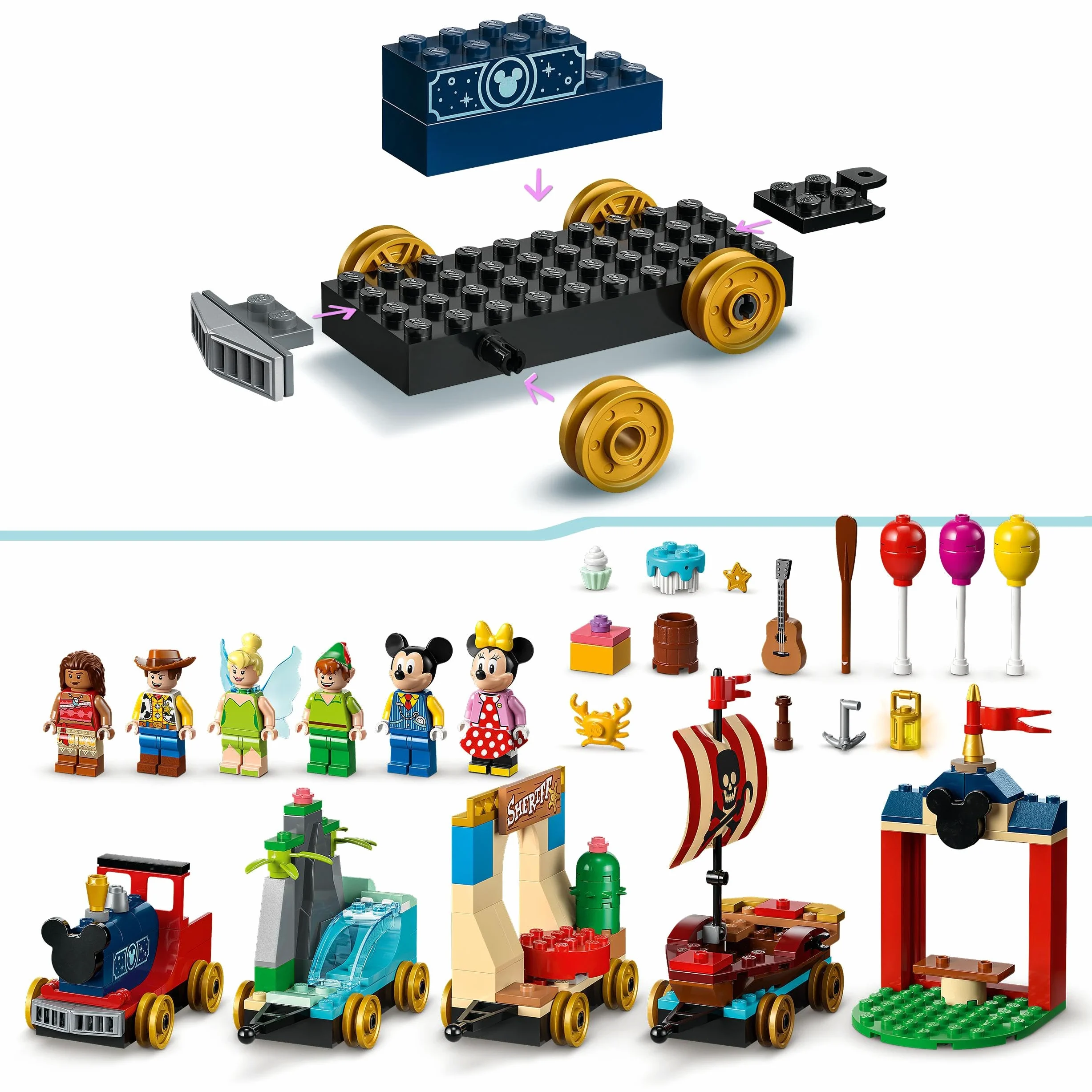 LEGO Disney Treno delle Celebrazioni Disney, Giochi per Bambini e Bambine da 4 anni, Giocattolo Serie 100° Anniversario con Carri di Vaiana, Woody, Peter Pan e Trilli più Topolino e Minnie 43212