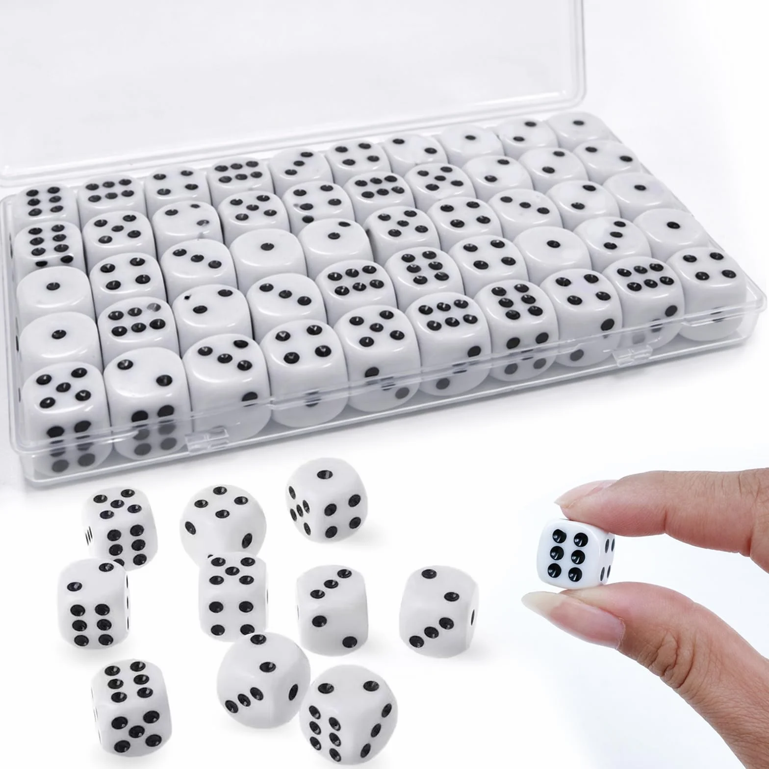 Set di 100 Dadi da Gioco 14mm, Dadi a 6 Facce Standard D6 in Acrilico, Ideale per Giochi da Tavolo e Didattica Matematica, Include 2 Scatole Contenitore Trasparenti (Bianco)