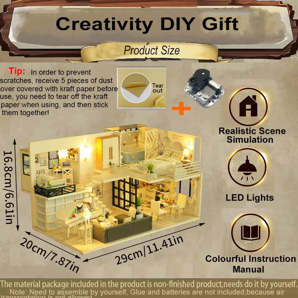 Kit fai da te in miniatura per casa delle bambole a 2 piani, modello moderno in legno con luci a LED, kit di costruzione fai da te, regalo creativo per hobby per adulti e ragazzi