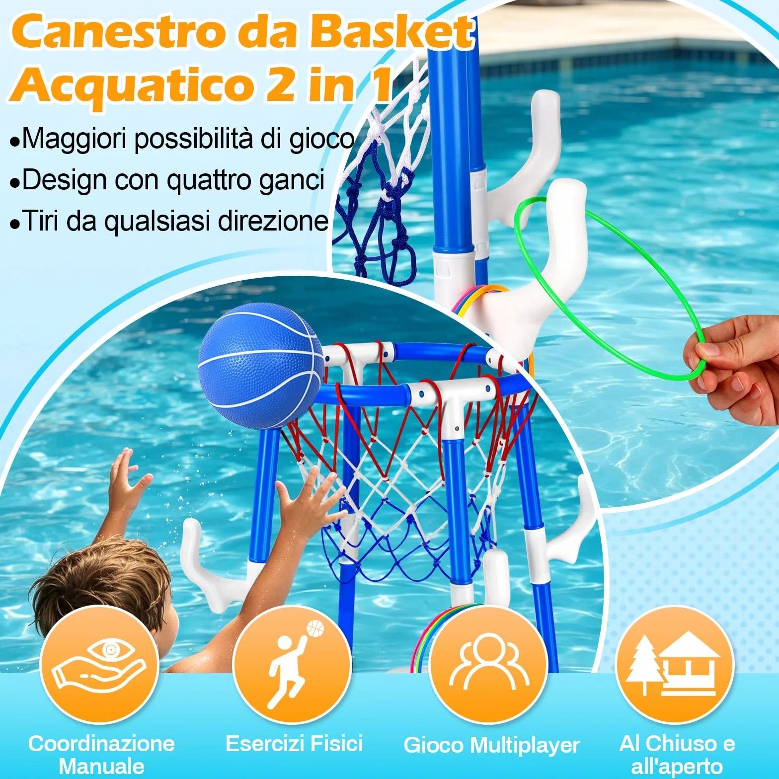 Canestro Basket Piscina, 2 in 1 Canestro da Basket Galleggiante per Piscina, Pool Basketball con 2 Palline, 12 Anelli e Pompa, Giochi Acquatici per Feste in Estive per Bambini e Adulti