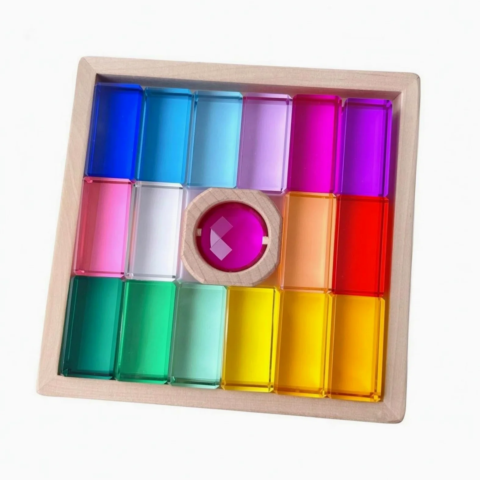 Blocchi da Costruzione per Bambini Set Legno E Acrilico Gioco Impilabile con Telaio in Faggio Pezzi Translucidi Effetto Cristallo Esplorazione di