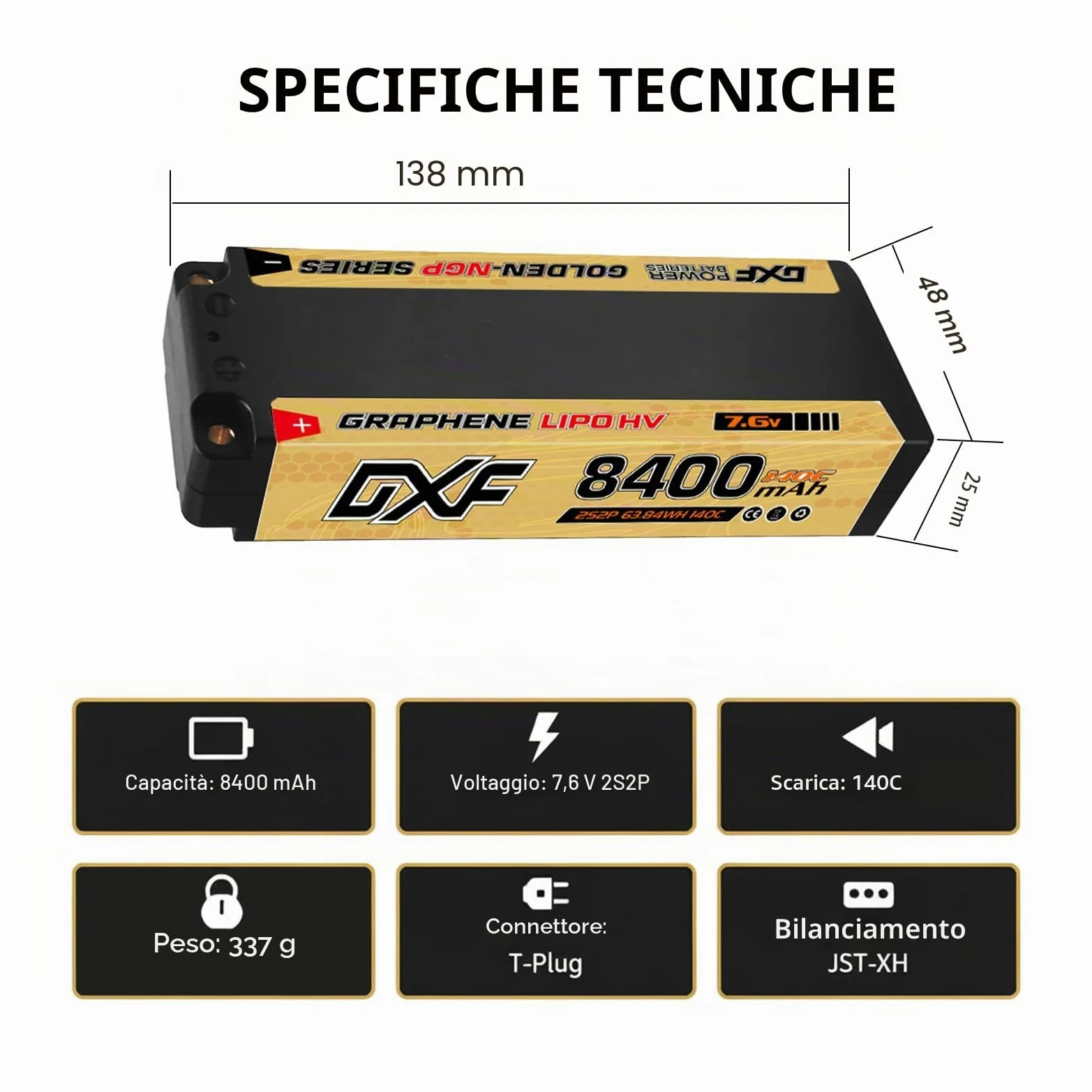 DXF Batteria LiPo 2S 7.6V 8400mAh 140C HV Spina Deans T Bullet 5mm EFRA Auto RC 1/8 1/10 Truck Buggy Touring Car Compatta Leggera Potente Gare Racing Corse Modellismo 2 Pezzi