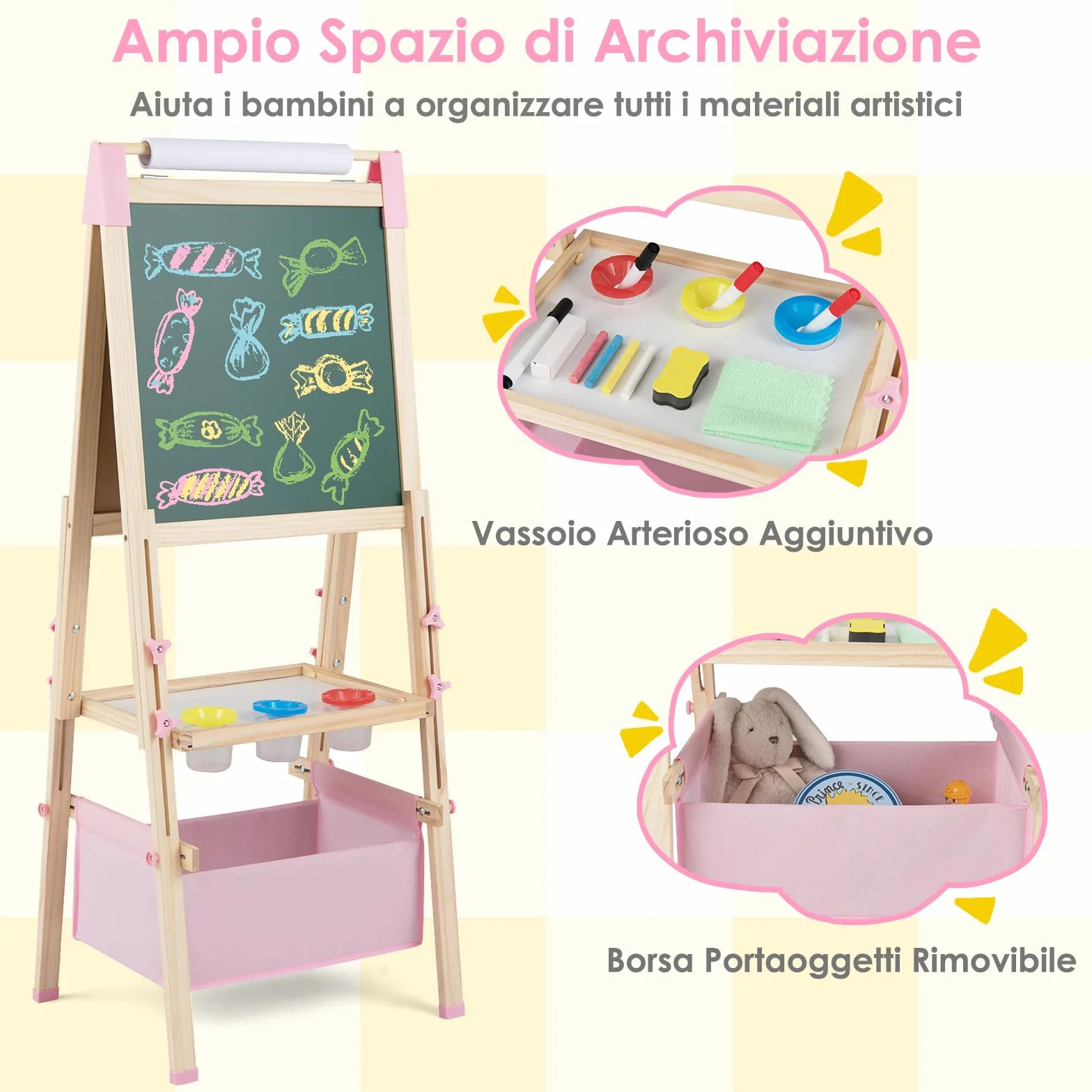 COSTWAY Cavalletto per Bambini Regolabile in Altezza in Legno, Cavalletto a Doppio Lato con Lavagna Magnetica e Bianca, con Scatola, Magneti con Lettere e Numeri, per Bambini 3-8 Anni (Rosa)