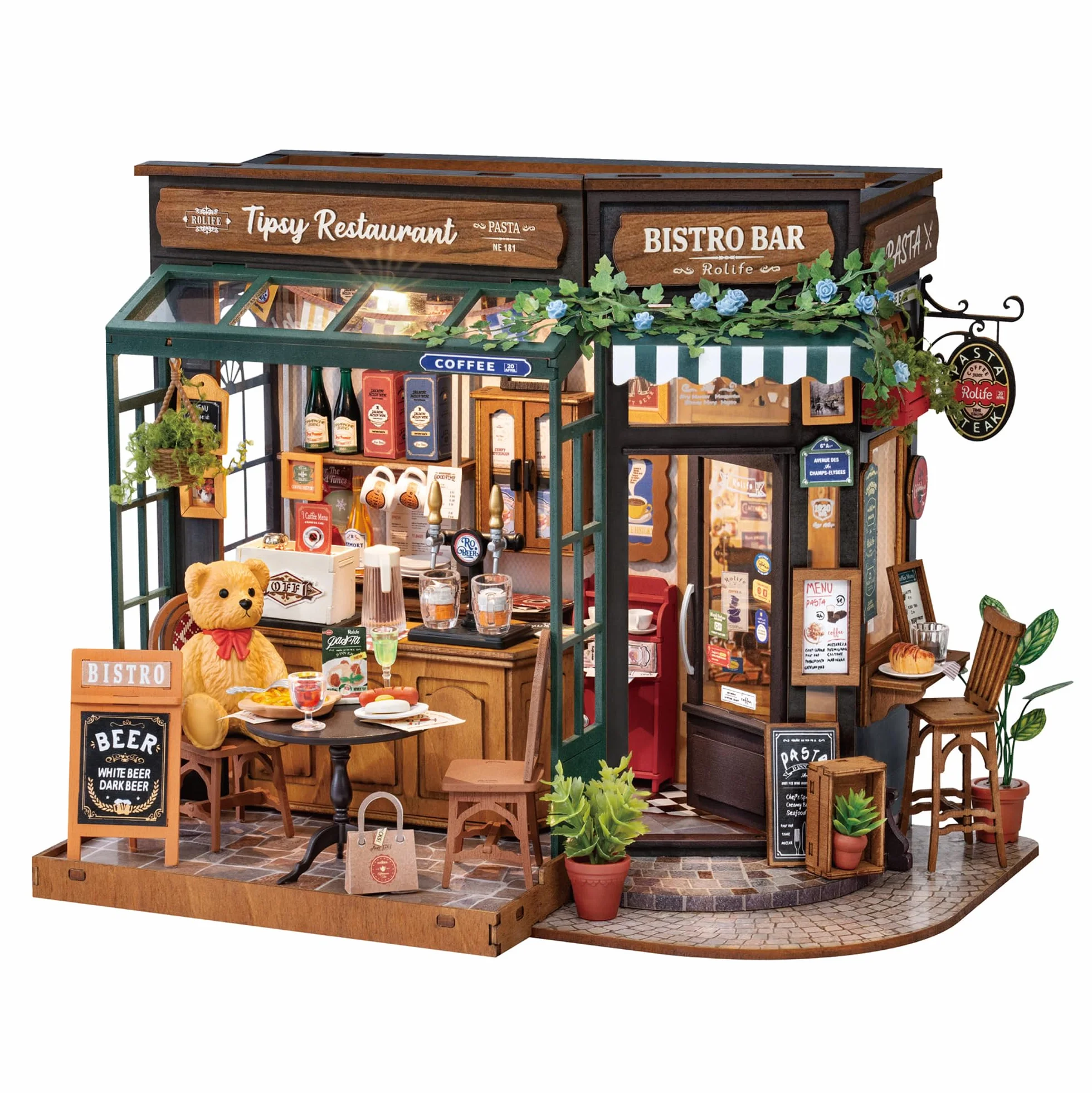 Rolife Casa delle Bambole Ristorante Tipsy DIY Kit di Casa Miniature Kit di Caffè Miniature Modello di Decorazione per Interni Regalo di Compleanno per Bambini e Adulti