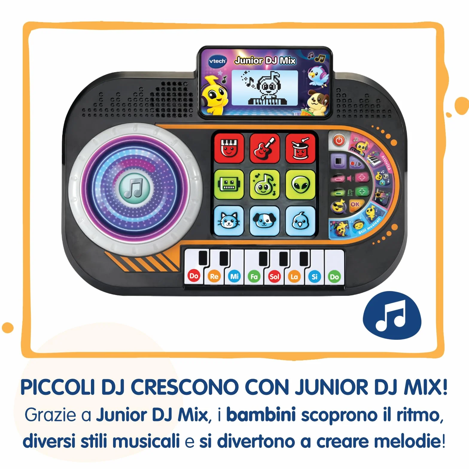 VTech Junior DJ Mix, Console da DJ per Bambini, Pulsante Registrazione, DJ Mix da Bambini con Tasti del Pianoforte, Schermo LCD e Piatto con Disco Luminoso, Lingua Italiana, Batterie Incluse, 3-7 Anni