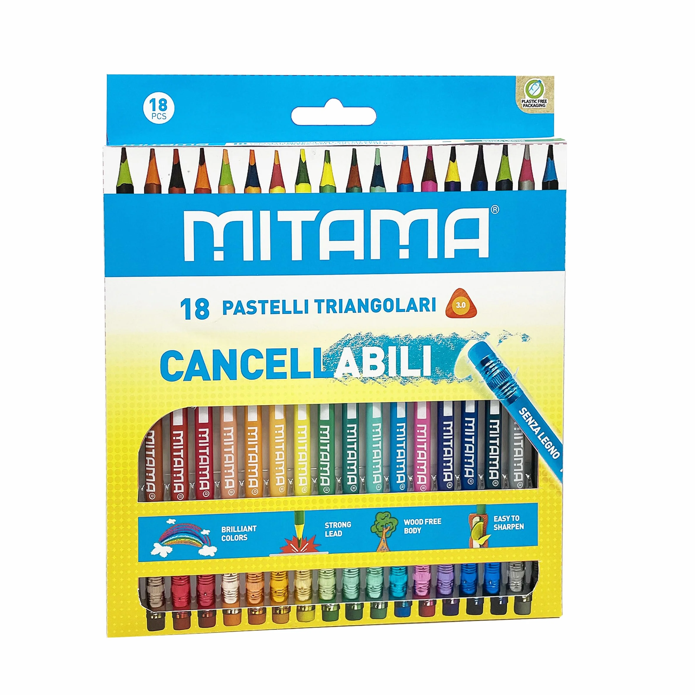 Pastelli Cancellabili Mitama Impugnatura Triangolare Laccati, mina 3.3, con Gomma, in Pet Box 18 pz