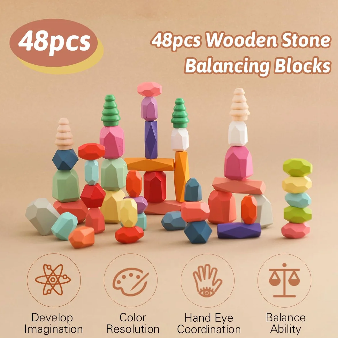 Giocattoli Impilabili in Legno - Pietre di Bilanciamento Waldorf Natura Blocchi di Costruzione Arcobaleno - Montessori (48 Pezzi Set)