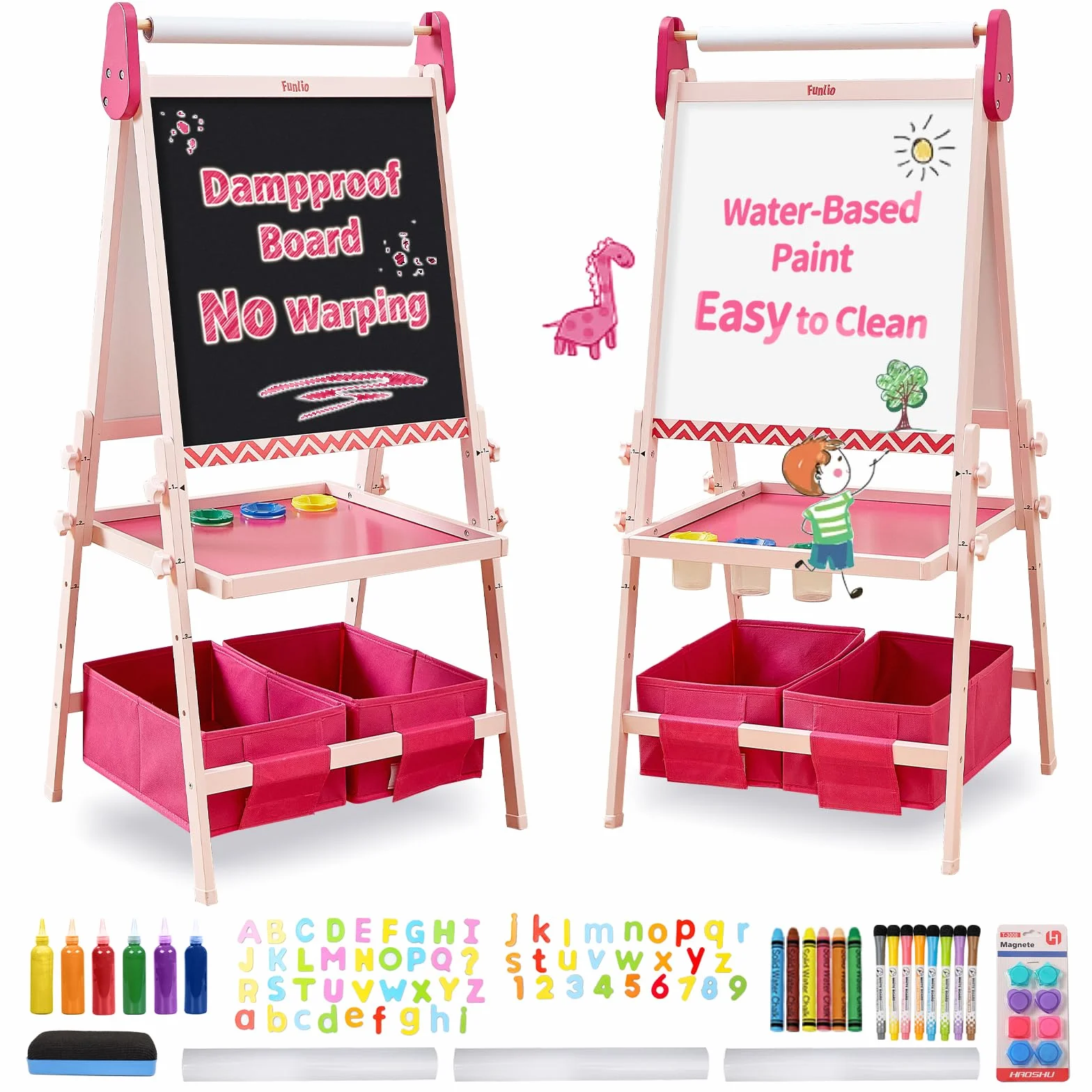 FUNLIO Lavagna per Bambini 3-8 Anni Regolabile con Cavalletto, Magnetica, Antiwarp, Rosa
