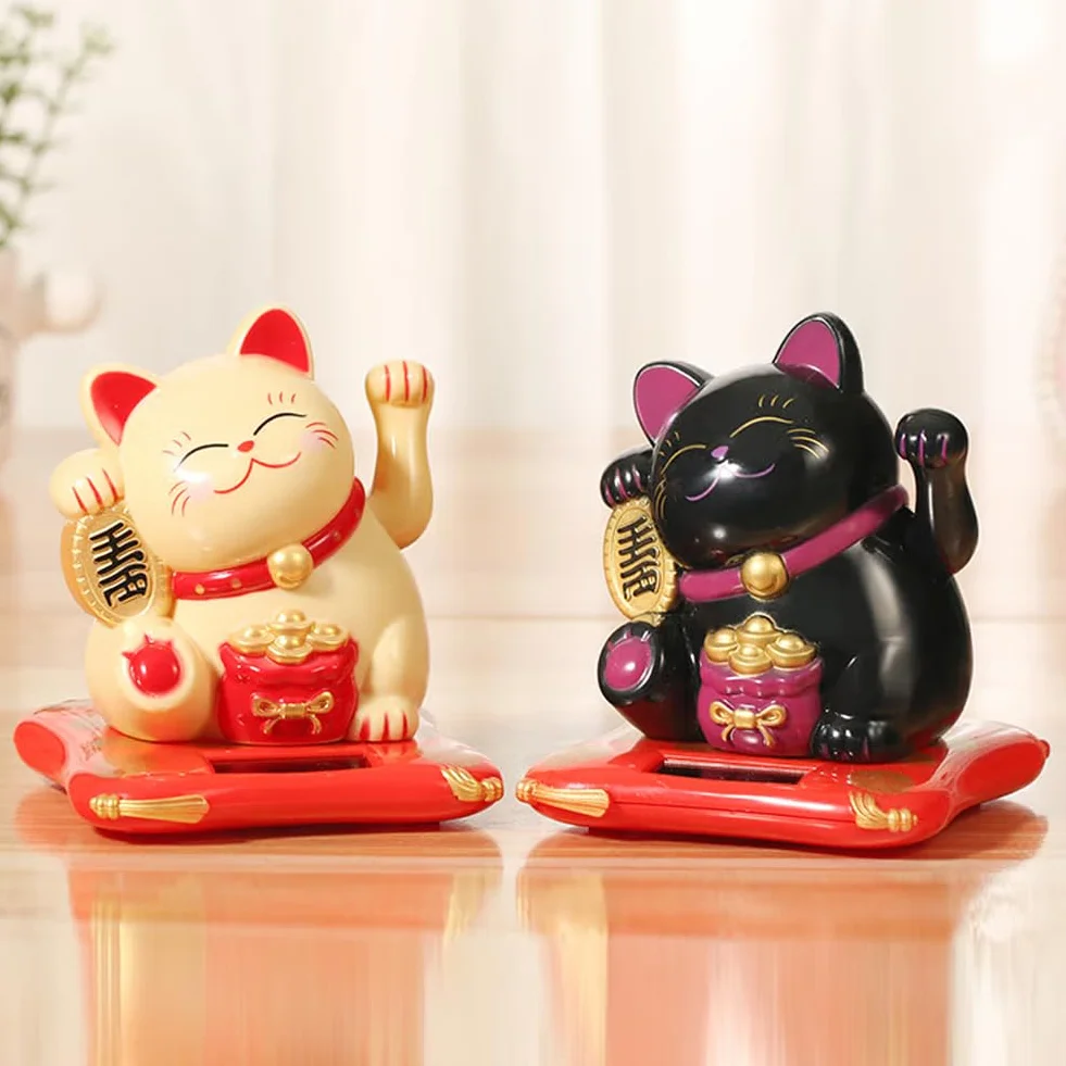 Gatto Ondeggiante Solare, Maneki Neko Fortunato, Alimentato Ad Energia Solare per Negozi, Ristoranti E Decorazioni per La Casa (Nero)