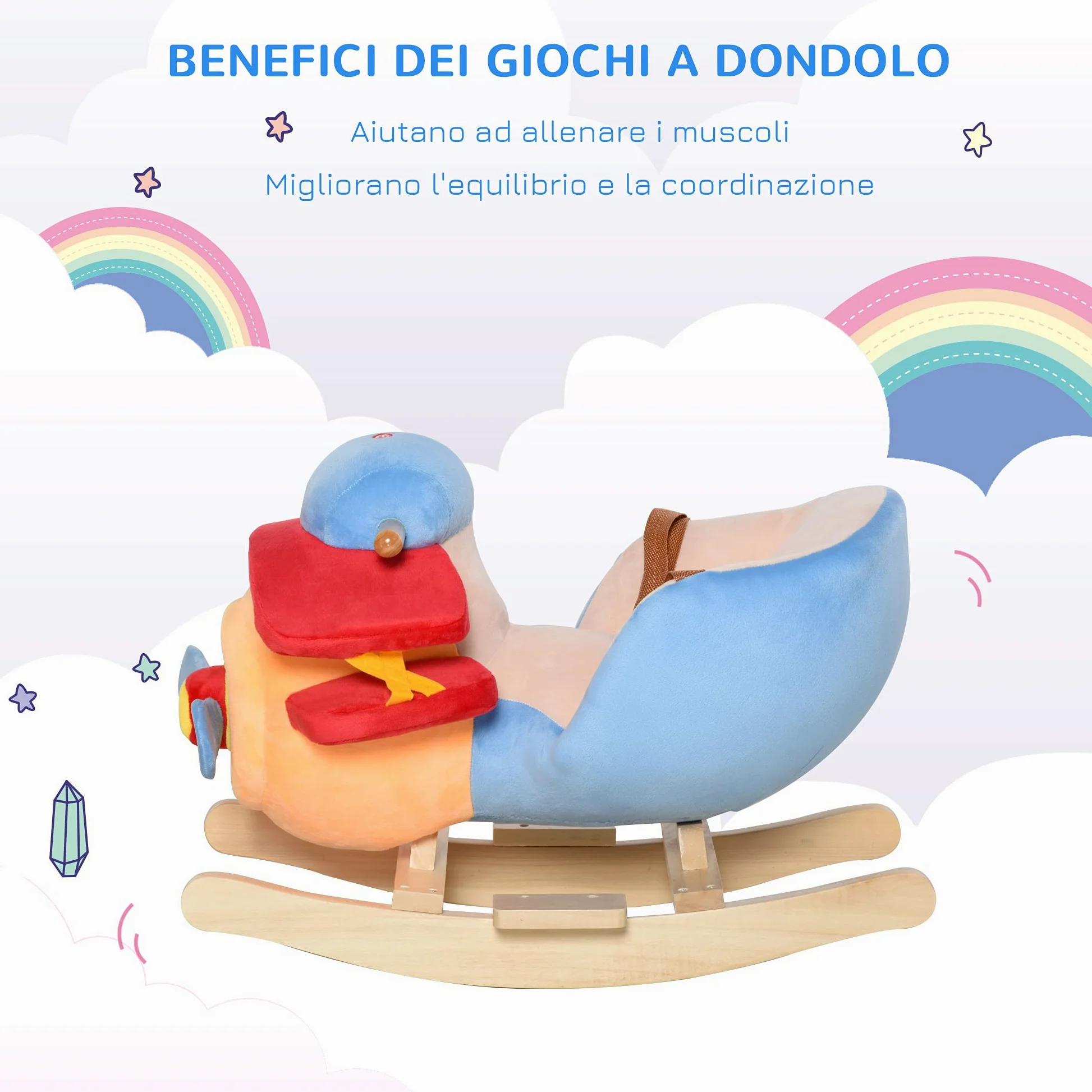 HOMCOM Cavallo a Dondolo a Forma di Aeroplano per Bambini 60x33x45cm | Età Superiore a 18 Mesi, Cacalluccio a Dondolo, Musica Incorporata, Legno Alamo, Max:60kg
