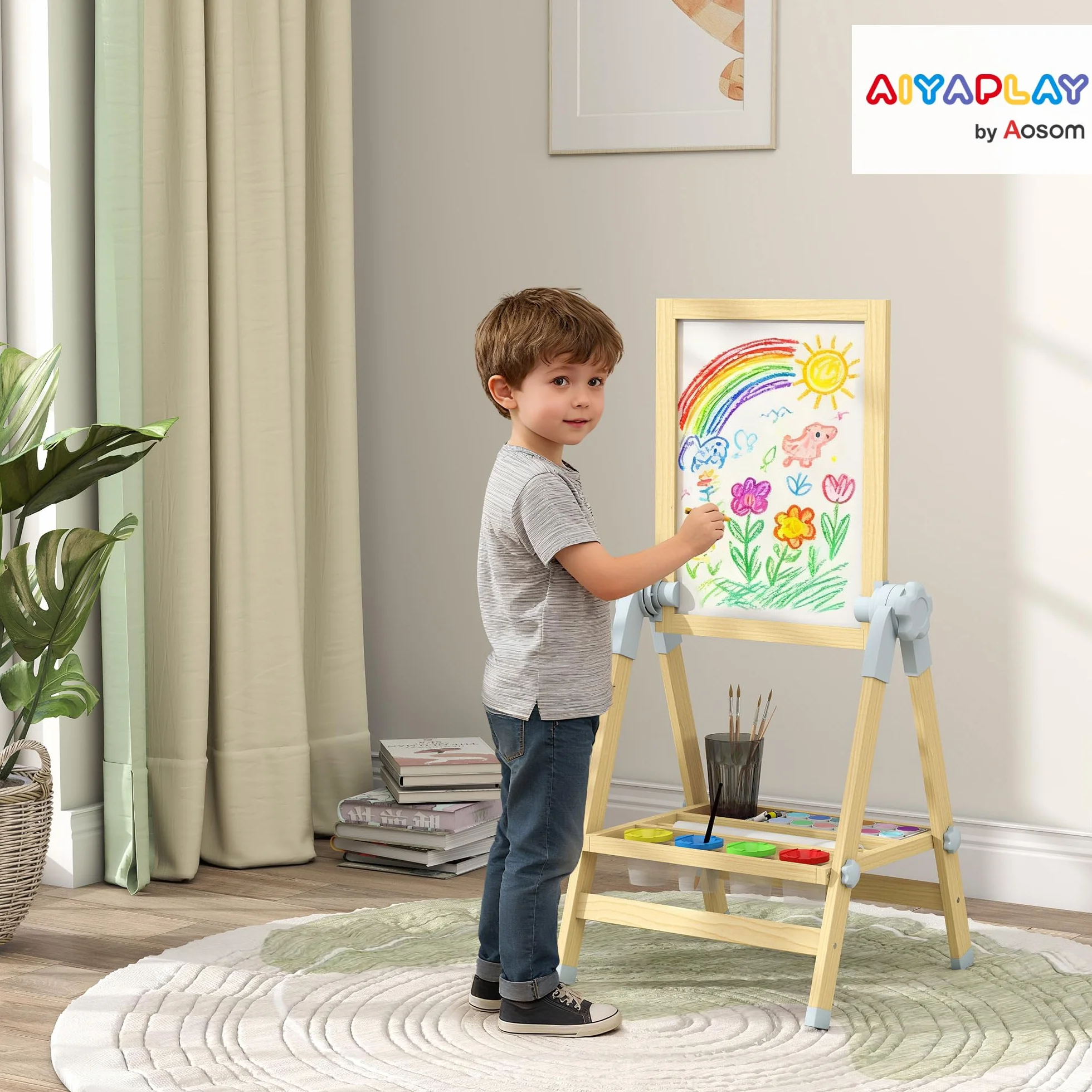 AIYAPLAY Cavalletto da Disegno per Bambini con Lavagna Doppia Magnetica, Vassoio Portamatite, Rotolo Carta Incluso, Legno Naturale