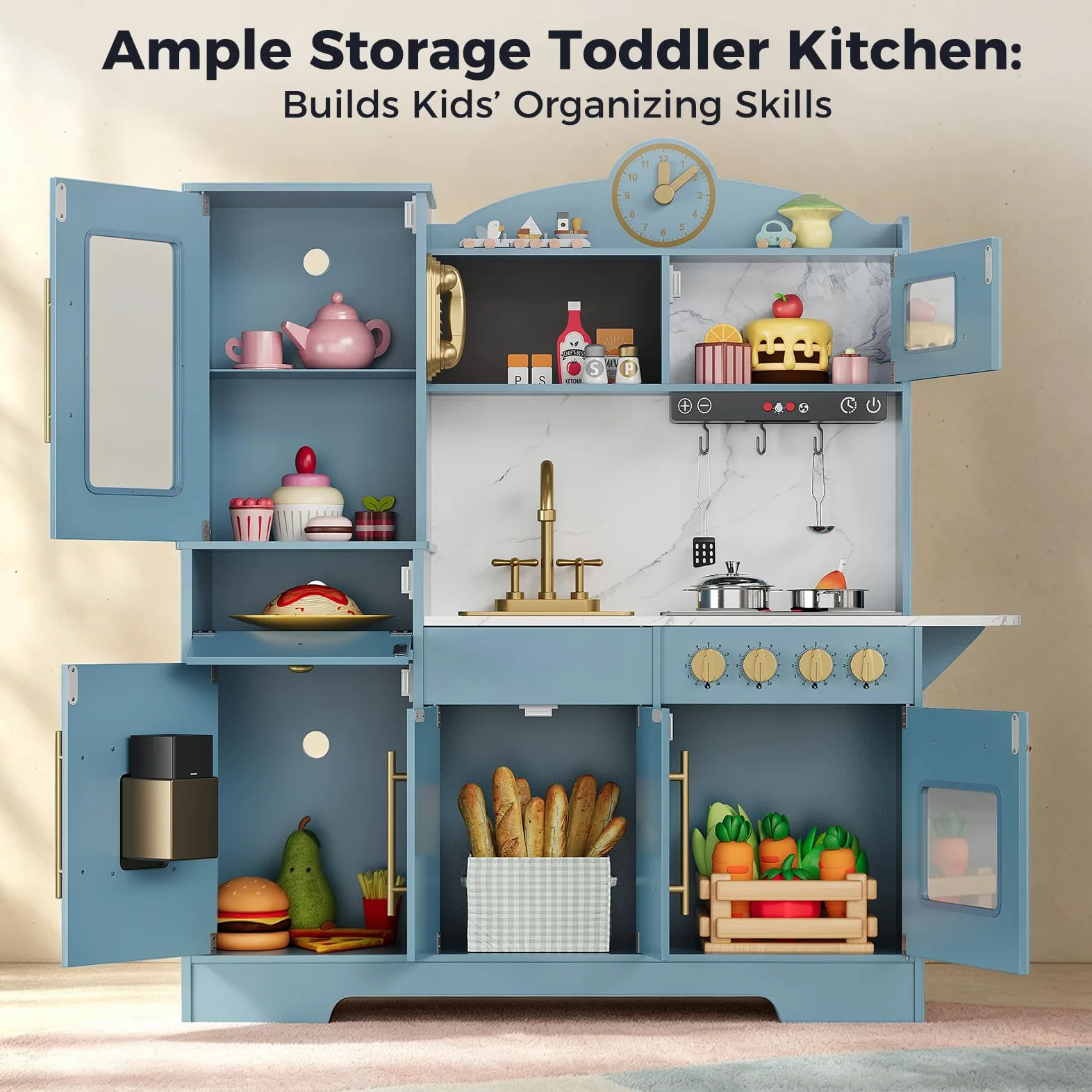 Cucina Giocattolo per Bambini in Legno con Interattiva LED, Cucina Bambini con Telefono, Orologio, Microonde, Piano a Induzione, Macchina del Ghiaccio, per Bambini da 3 Anni in Su, Blu