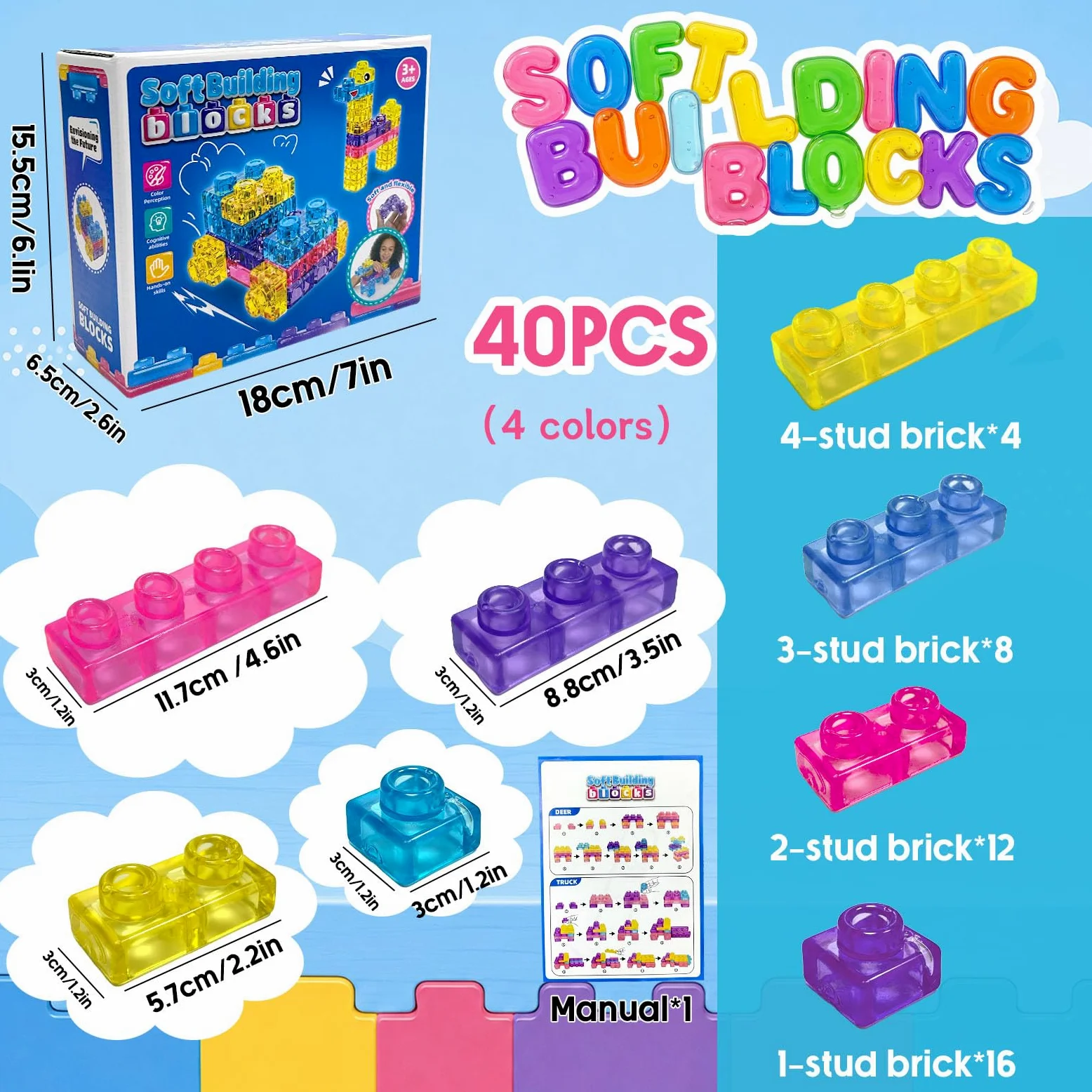 Blocchi da Costruzione Sensoriali, 40 Pezzi Jelly Blocchi, Gioco Espandibili, Morbidi e Flessibili, Giochi Sensoriali