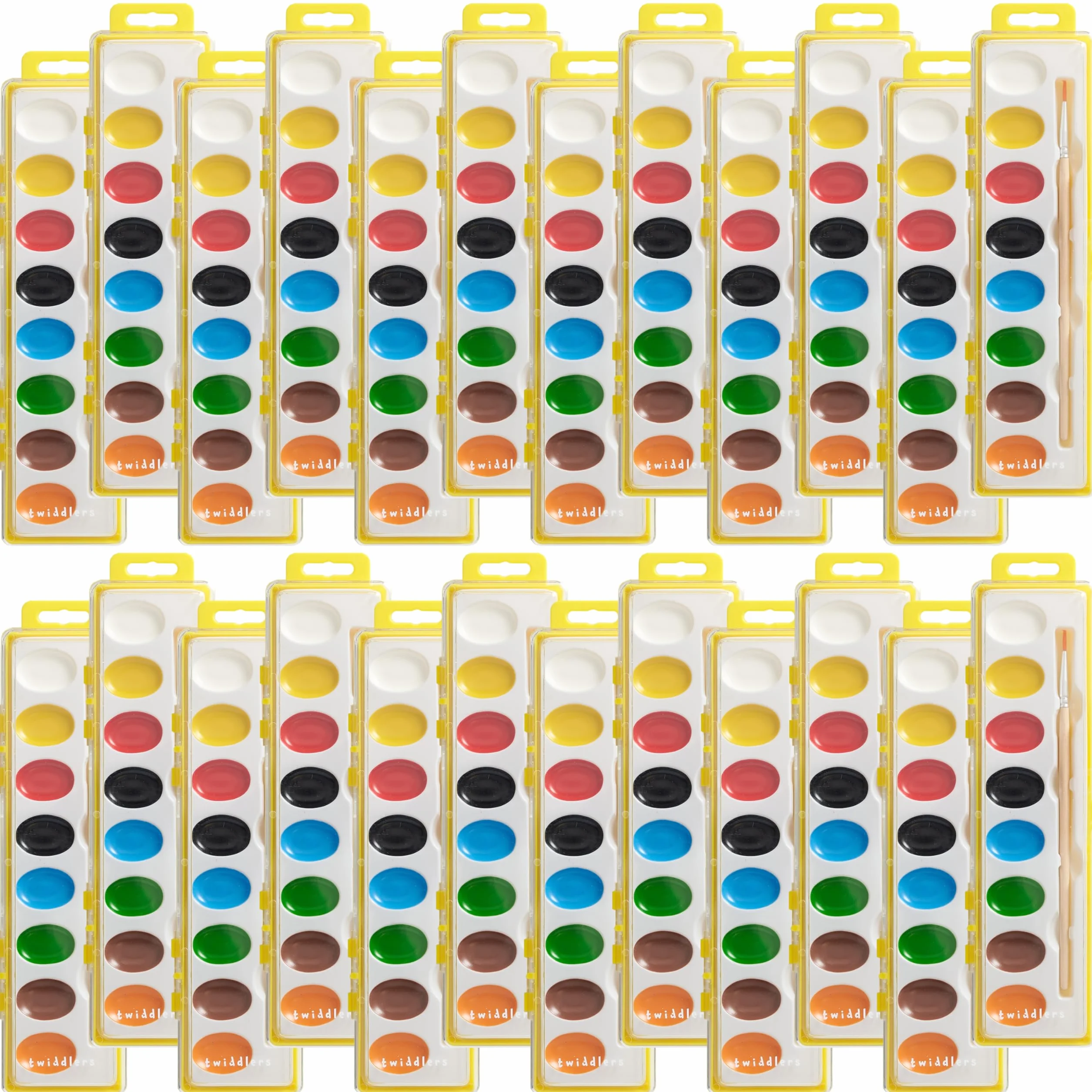THE TWIDDLERS - 25 Palette di Colori ad Acquerello, Pennelli Individuali con Pennello in Legno e 8 Colori Vivaci, Basta Aggiungere Acqua, Lavandini - Sacchetti per Feste per Bambini, Regali in Classe