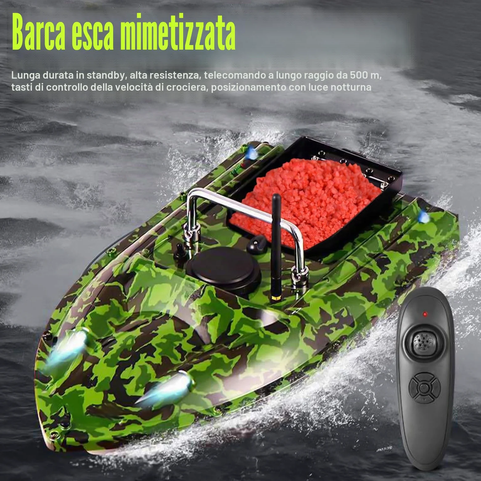 500M RC Fischköder Boot, Telecomando 110-240V Futterboot 1,5KG Carico 2 Motori, LED Senza Fili Mimetico Köder con Caricabatteria e Telecomando