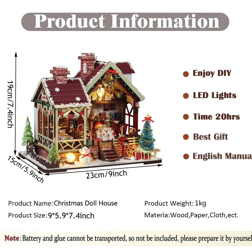Kit fai da te per casa delle bambole in miniatura di Natale, kit mini casa delle bambole in legno per adulti, puzzle 3D in legno con LED, regalo di Natale e compleanno, decorazione per la casa per