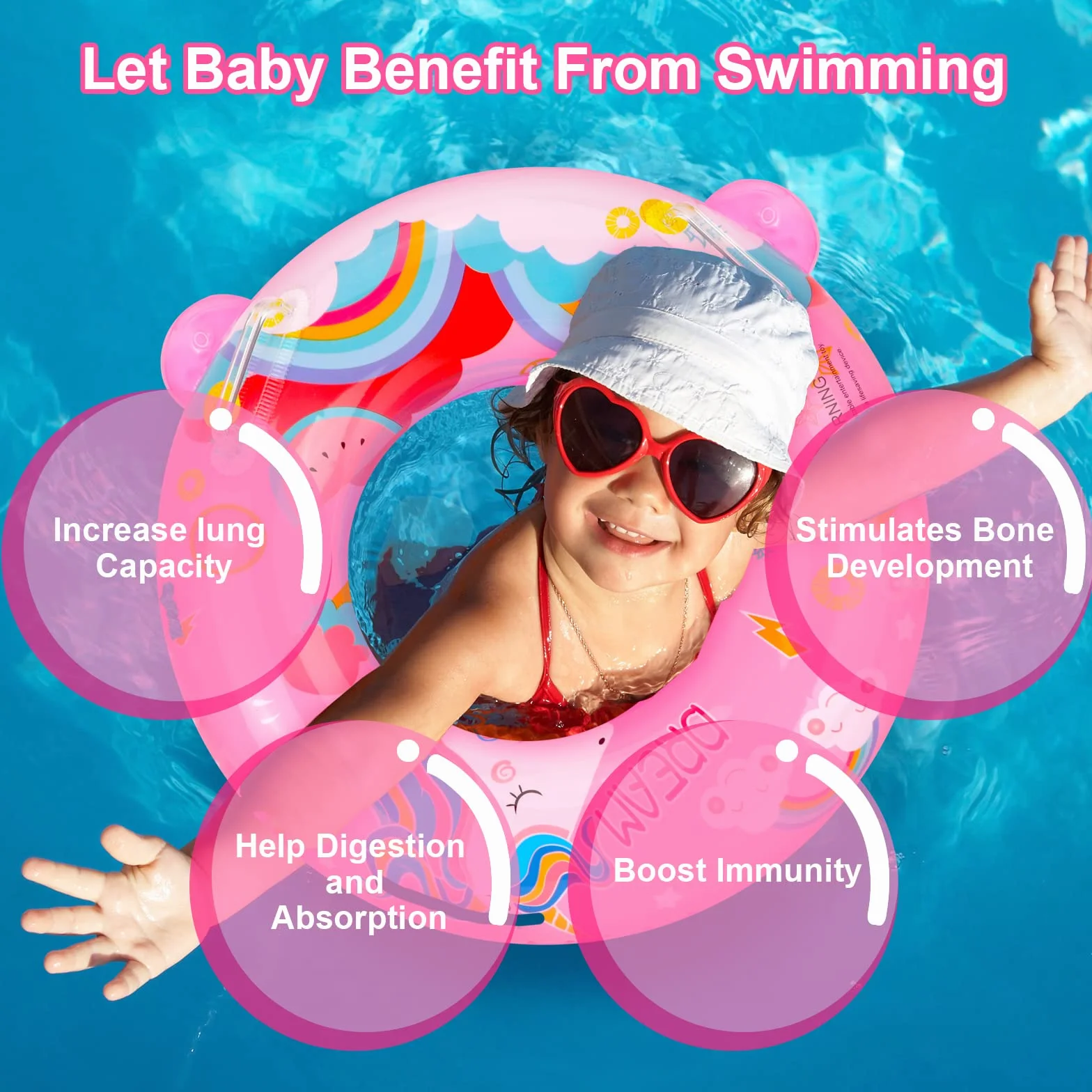 Anello di Nuoto del Fumetto,Unicorno Salvagente Neonato Galleggiante Gonfiabile del Bambino Dell'anello di Nuoto del Baby Float Salvagente con Seggiolino and Gonfiatore Bambini Piscina Giocattolo,Rosa