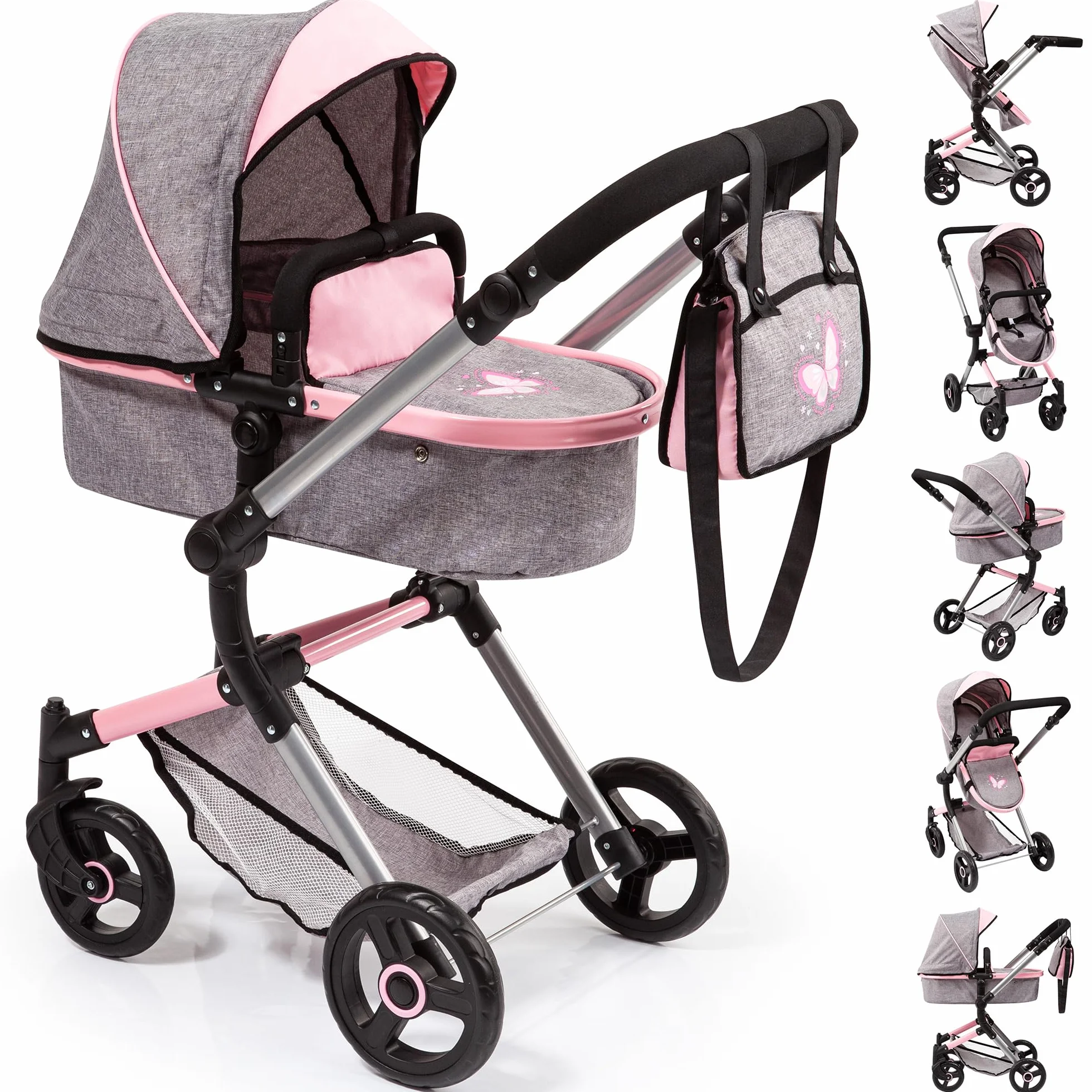 Bayer Design- Passeggino Neo Vario, Carrozzina per Bambole, Regolabile in Altezza, con Cesto e Borsa fasciatoio, Colore Grigio, Rosa, Farfalla, 18433AA