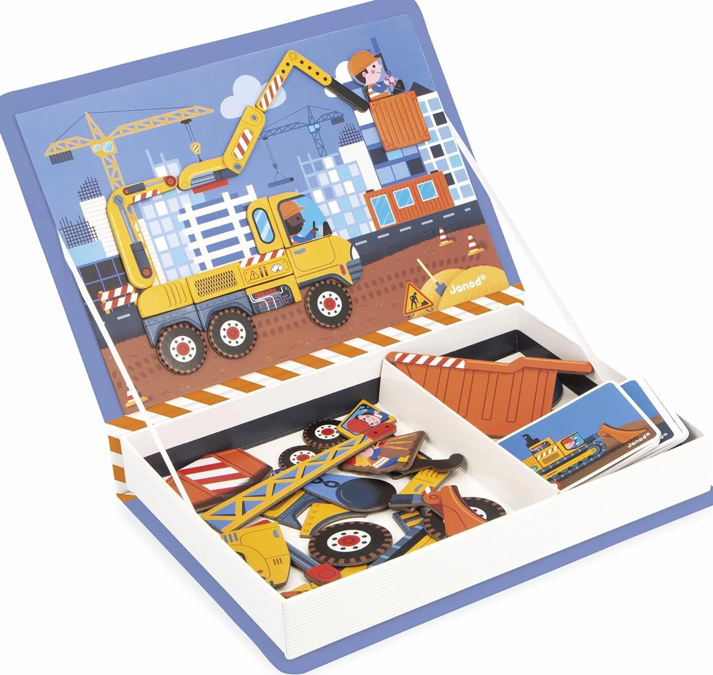 Janod Magnéti'Book Véhicules du Chantier, Gioco Magnetico educativo 50 magneti + 18 Modelli, Giocattolo in Cartone FSC per Bambini, Sviluppa la destrezza e l'immaginazione, da 3 Anni, J02526