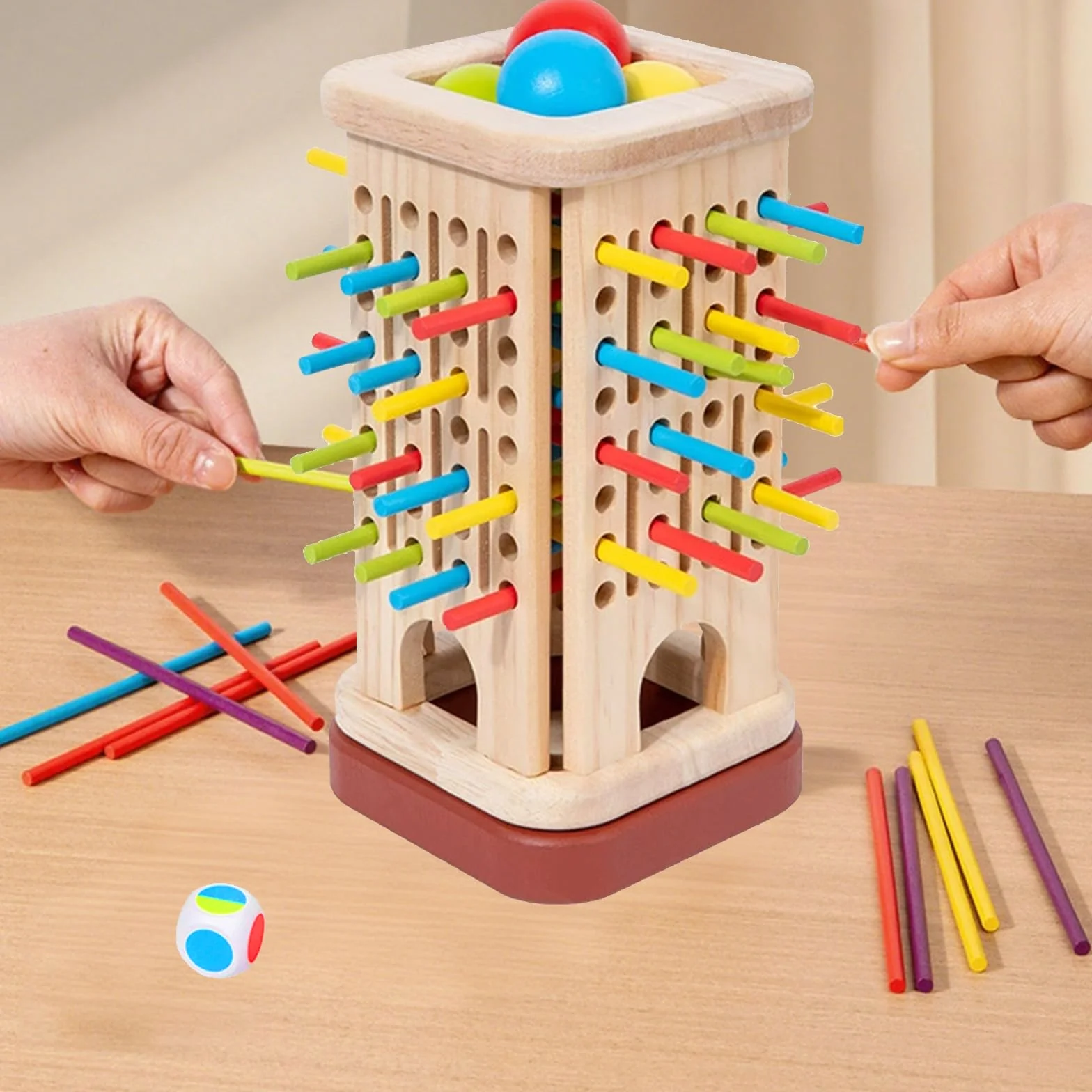 Giochi Montessori per Bambini 3-6 Anni – Gioco da Tavolo in Legno con 32 Bastoncini Colorati, Palla, Dado, Anello e Box – Gioco Educativo di Abilità Motoria, Family Game e Regalo