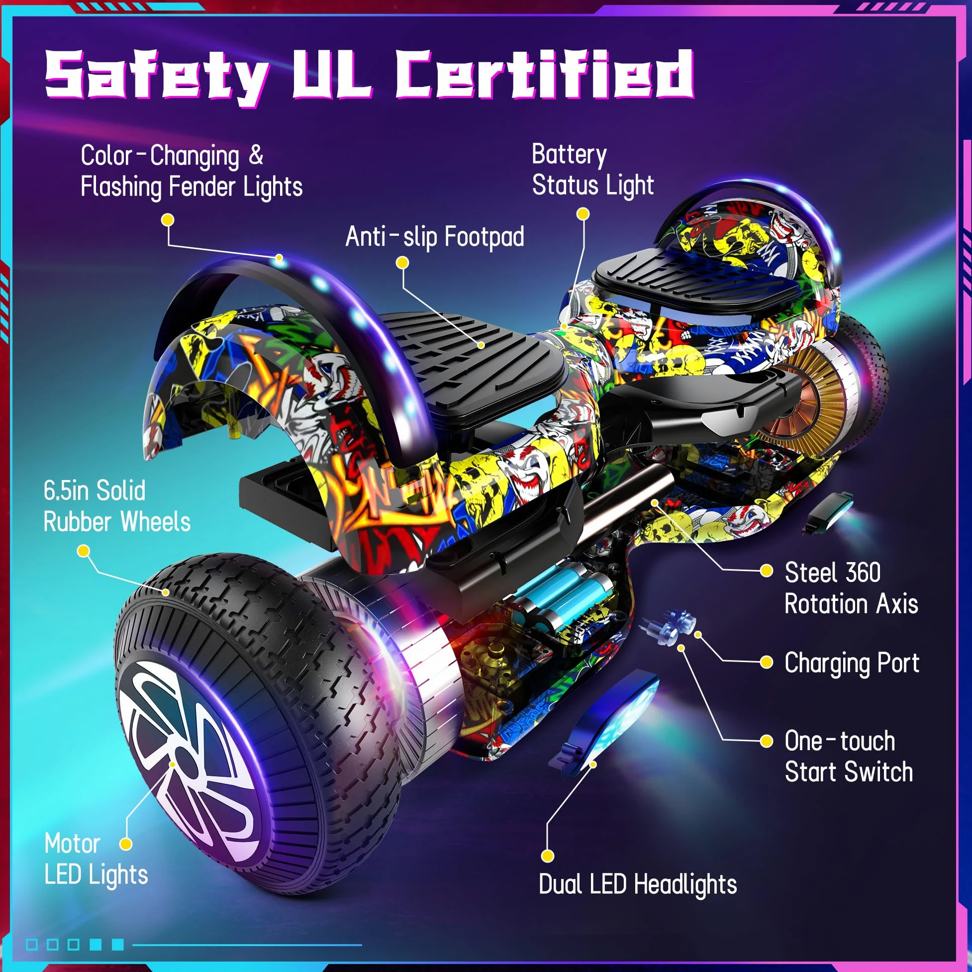 Hoverboard con fissaggio del sedile Combo, 6,5 pollici auto bilanciamento Hover Board con altoparlante Bluetooth e luci LED per bambini ragazze ragazzi (incluso Gokart)
