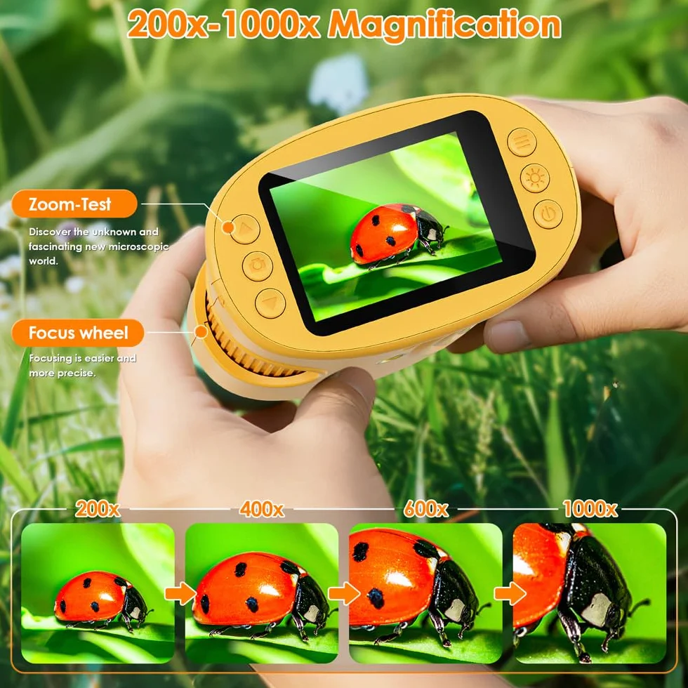 Microscopio Digitale per Bambini, Temodu da 2,0 Pollici Microscopio Digitale Bambini, con 8 luci LED Regolabili 1000X, Capodanno per dai 3 agli 12 anni (382-Yellow)