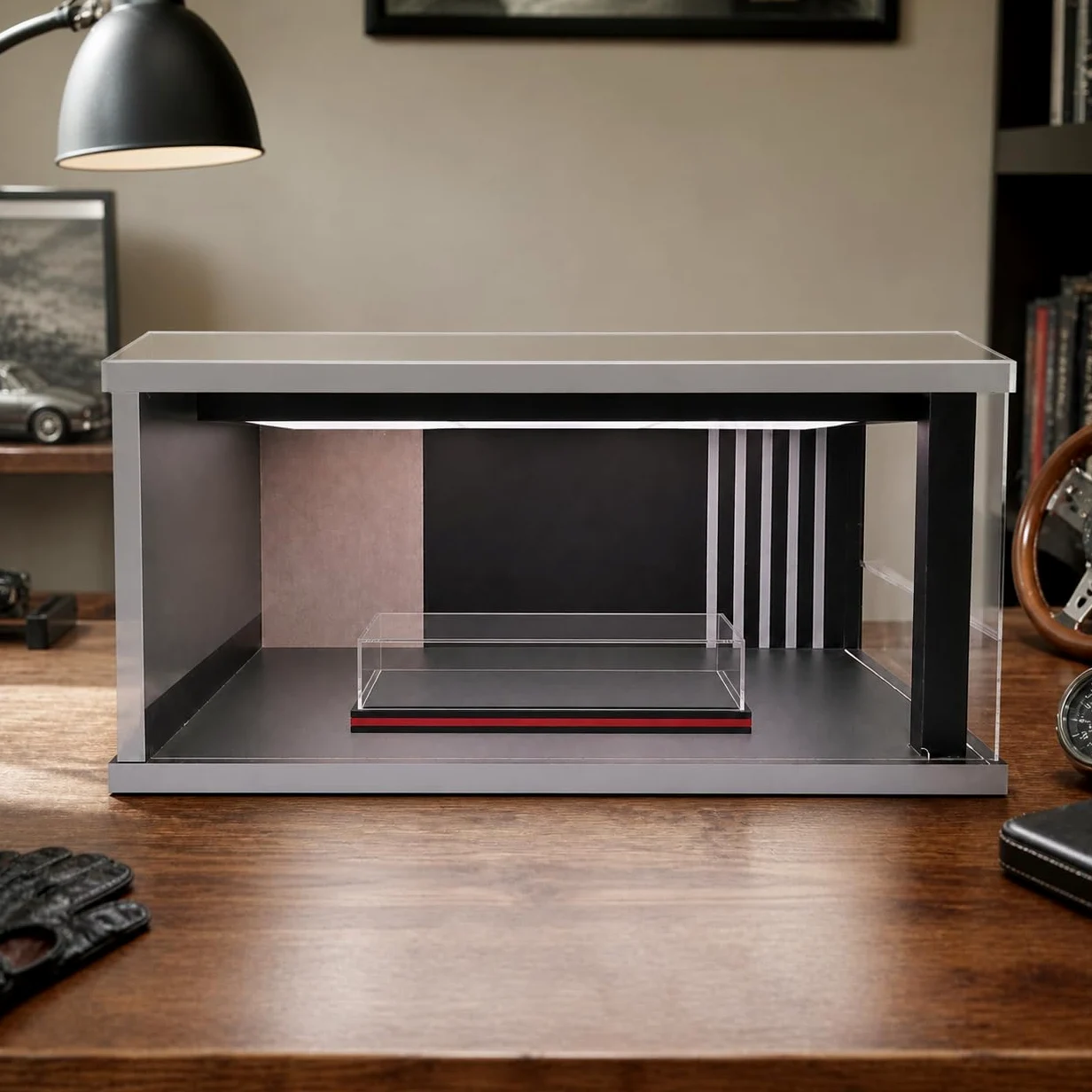 Vetrina Espositiva Modellini Auto 1:18 | Acrilico, luce a soffitto, per modellini 1:18, legno, copertura antipolvere, per ufficio