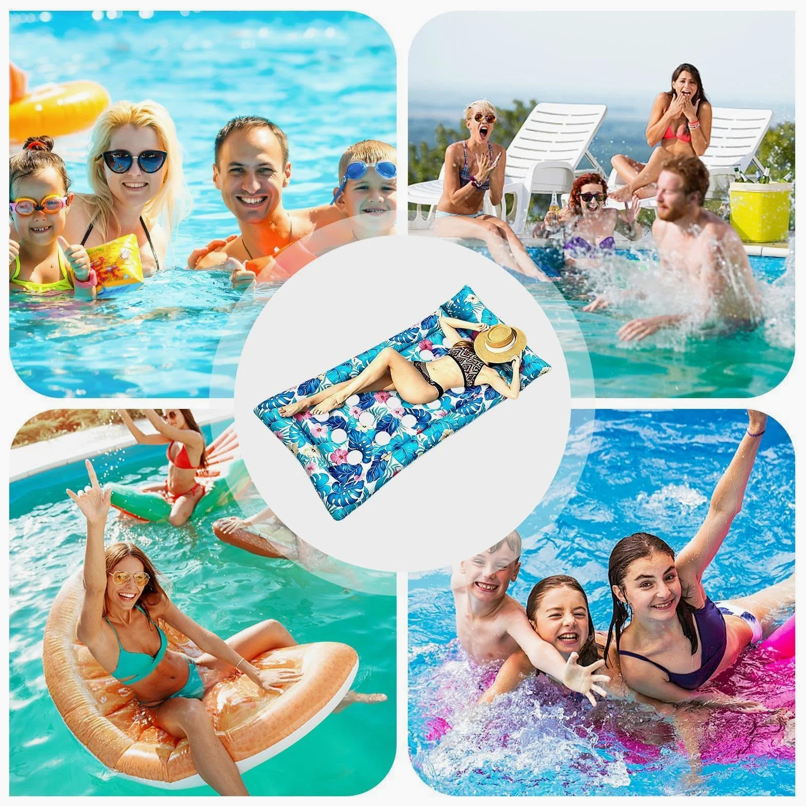Lettino gonfiabile da piscina con stampa di foglie tropicali | Poltrona gonfiabile da piscina con poggiatesta in PVC, adatta per donne, bambini, prendere il sole, sport acquatici e vacanze