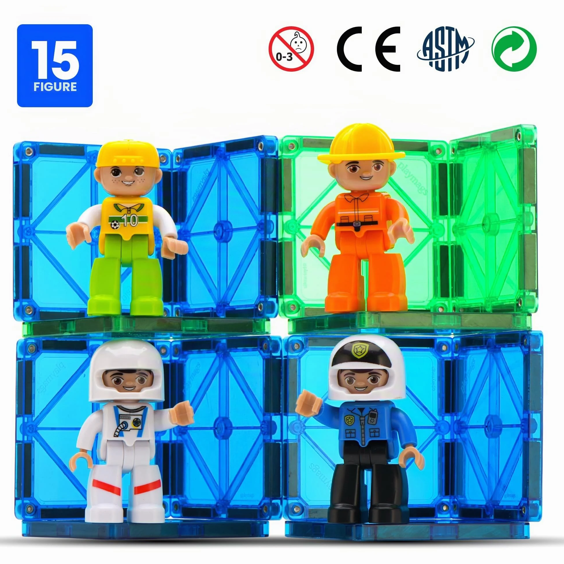 Playmags Set comunitario di figure magnetiche grandi da 15 pezzi - 3 pollici Gioca a persone, perfette per mattoncini magnetici - Giocattoli educativi STEM per bambini