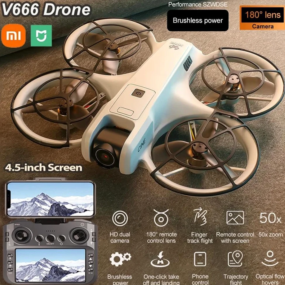 A,Single Battery,v666 Mini rc Drone Aereo 8k HD Telecamera Intelligente evitamento Ostacoli Schermo da 4,5 Pollici Telecomando Motore brushless FPV Drone Giocattolo