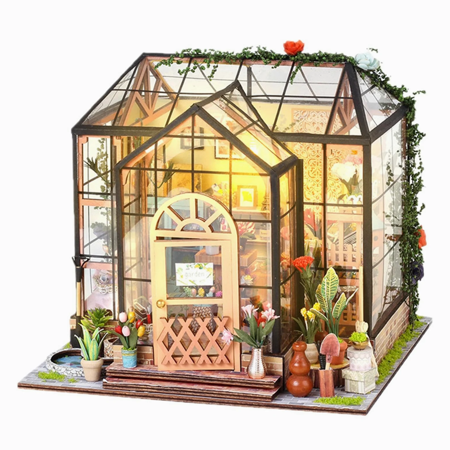 Kit Casa delle Bambole in Miniatura da Costruire Set Decorazione | Kit 3D Serra Domestica Adulti Adolescenti Scaffali Librerie e Camera da e Stanza per Natale