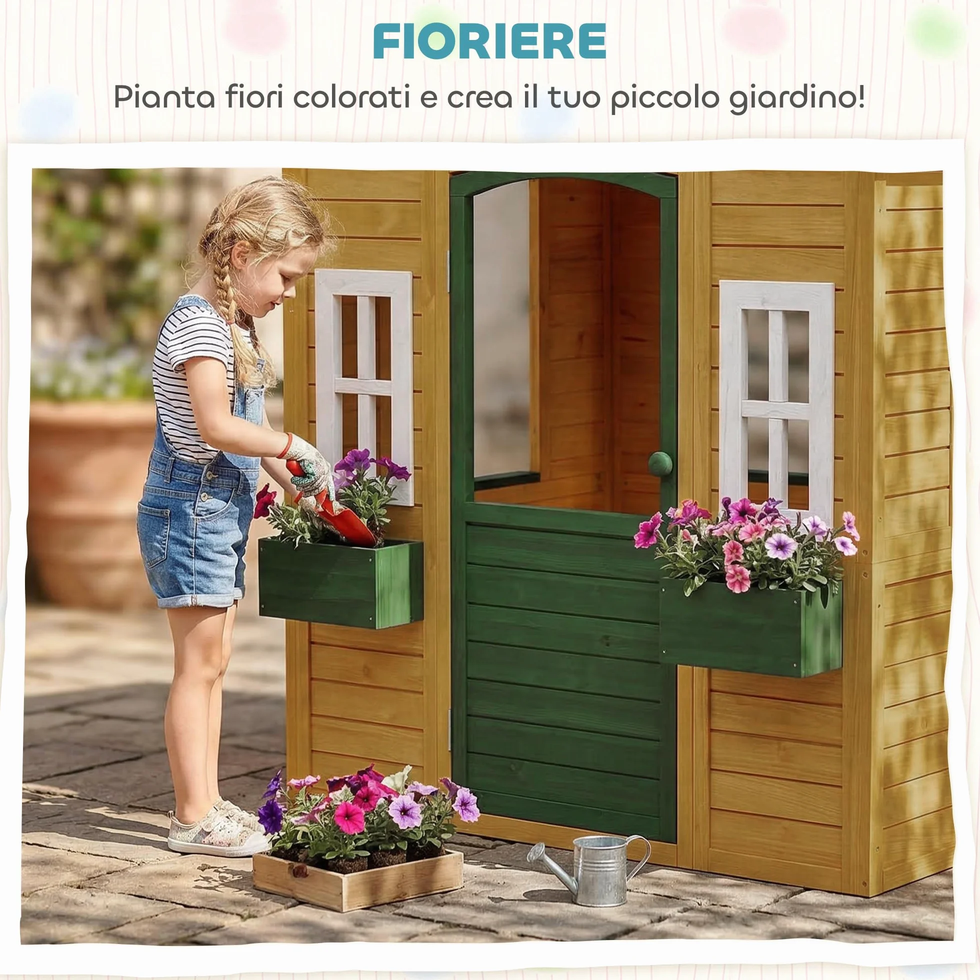AIYAPLAY Casetta da Giardino per Bambini in Legno di Abete, Casetta per Bambini da Esterno con 3 Finestre, 2 Fioriere, Porta e Tetto, per Bimbi 3-8 Anni, Interno ed Esterno, 134.5x97x150 cm, Marrone