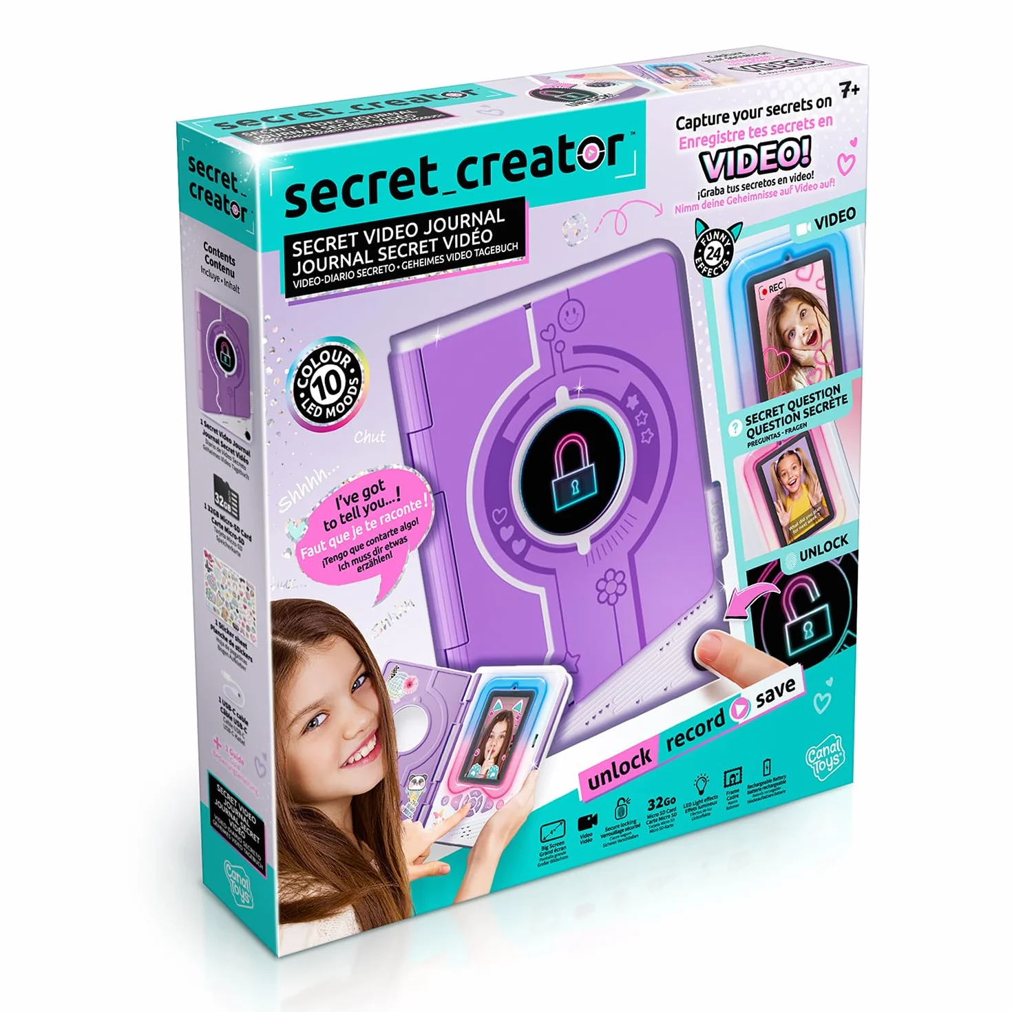 Canal Toys Diario Segreto Video Bambini Viola - 32 GB Registra Video Foto Impronta Digitale 24 Effetti LED