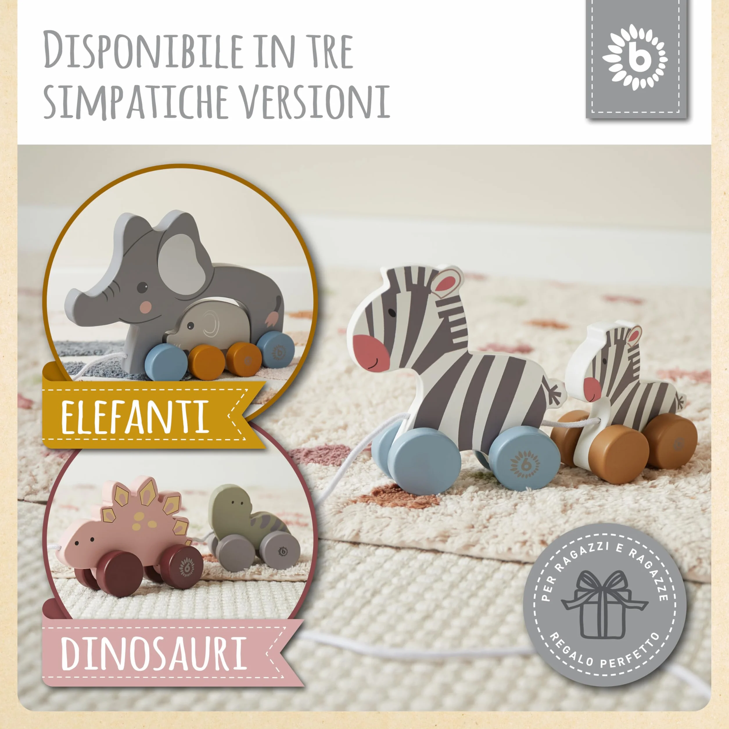 Bieco Giocattolo da Tirare in Legno - Carino Animale Zebra per Bambino a partire da 1 anno - Famiglia zebra